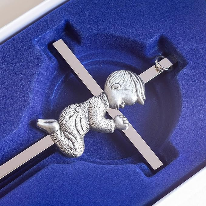 Silver Boy Wall Cross, Blessing Baby Metal Cross, Praying Boy Plaque Wall Decor Cross, Great for Baptism, Perfect for First Holy Communion, Baby Shower, Birthday and Christening (2) image number 6