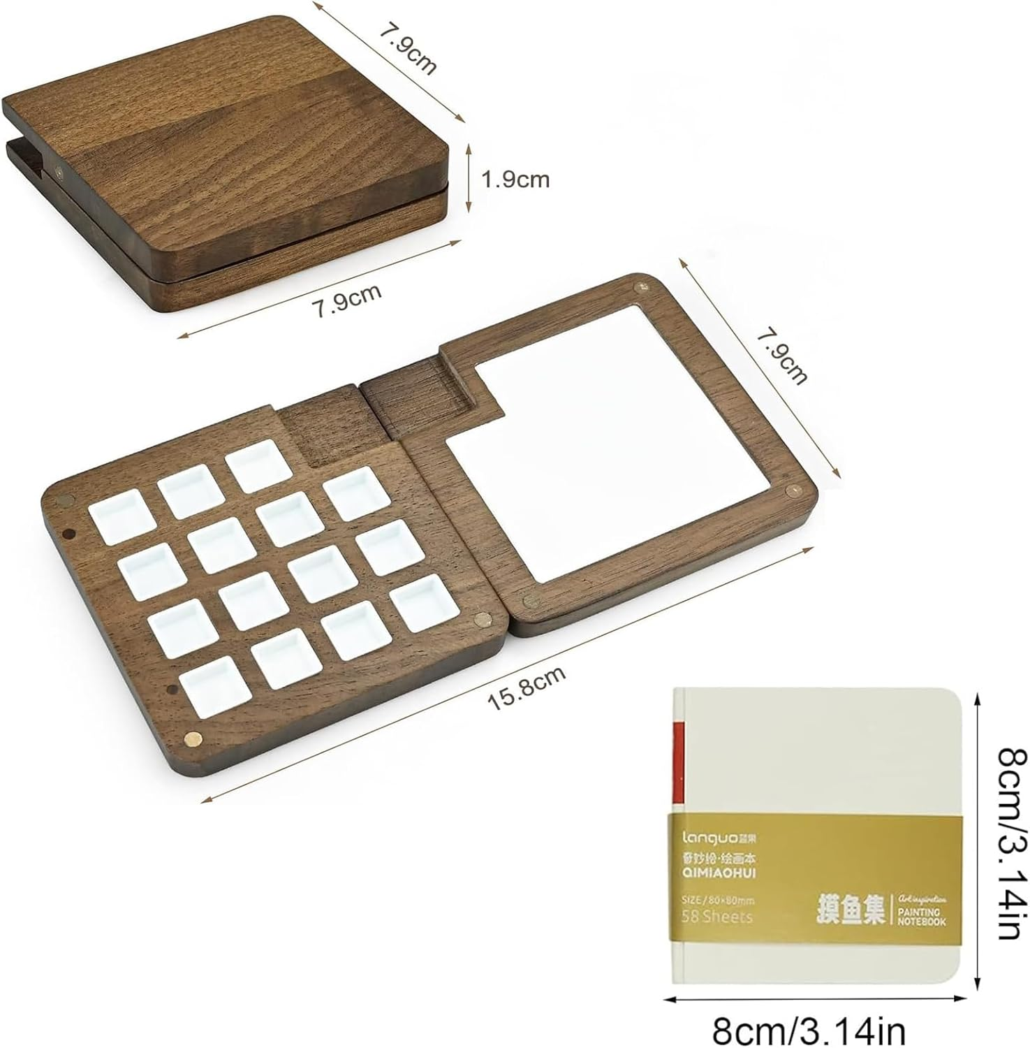 Miniature Watercolor Painting Palette Kit,Wooden 15 Grid Pocket Artist Palette Travel Set Portable Watercolor Palette Box，For Art Lover Beginner image number 4