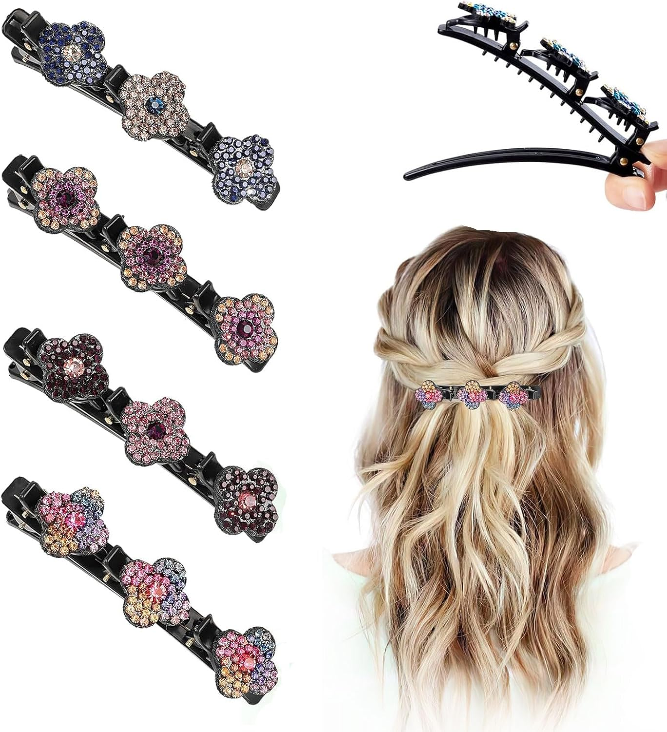 Pack of 4 Women'S Hair Clips, Crystal Hair Clips, Braided Rhinestone Hair Clips, Double Layer Hair Clips with 3 Small Clips for Women and Girls, Daily, Party, Wedding (Colour1) image number 2