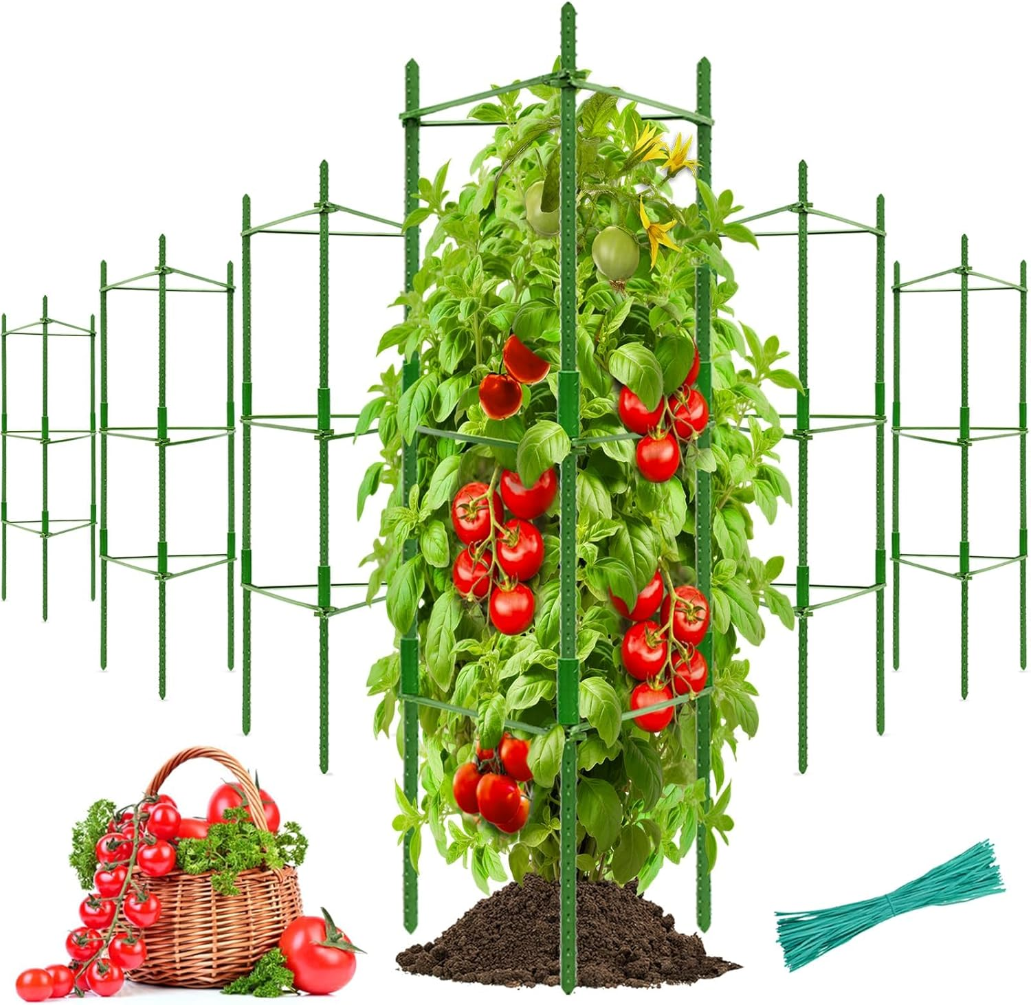 LTZEMOO 6 Pack Tomato Cages for Garden,Up to 48In(4Ft) Adjustable Tomato Cage,Garden Stakes Tomatos Trellis for Pots,Tomatos Plant Support for Raised Gardens Bed &Climbing Vegetables Flowers(Green) image number 2