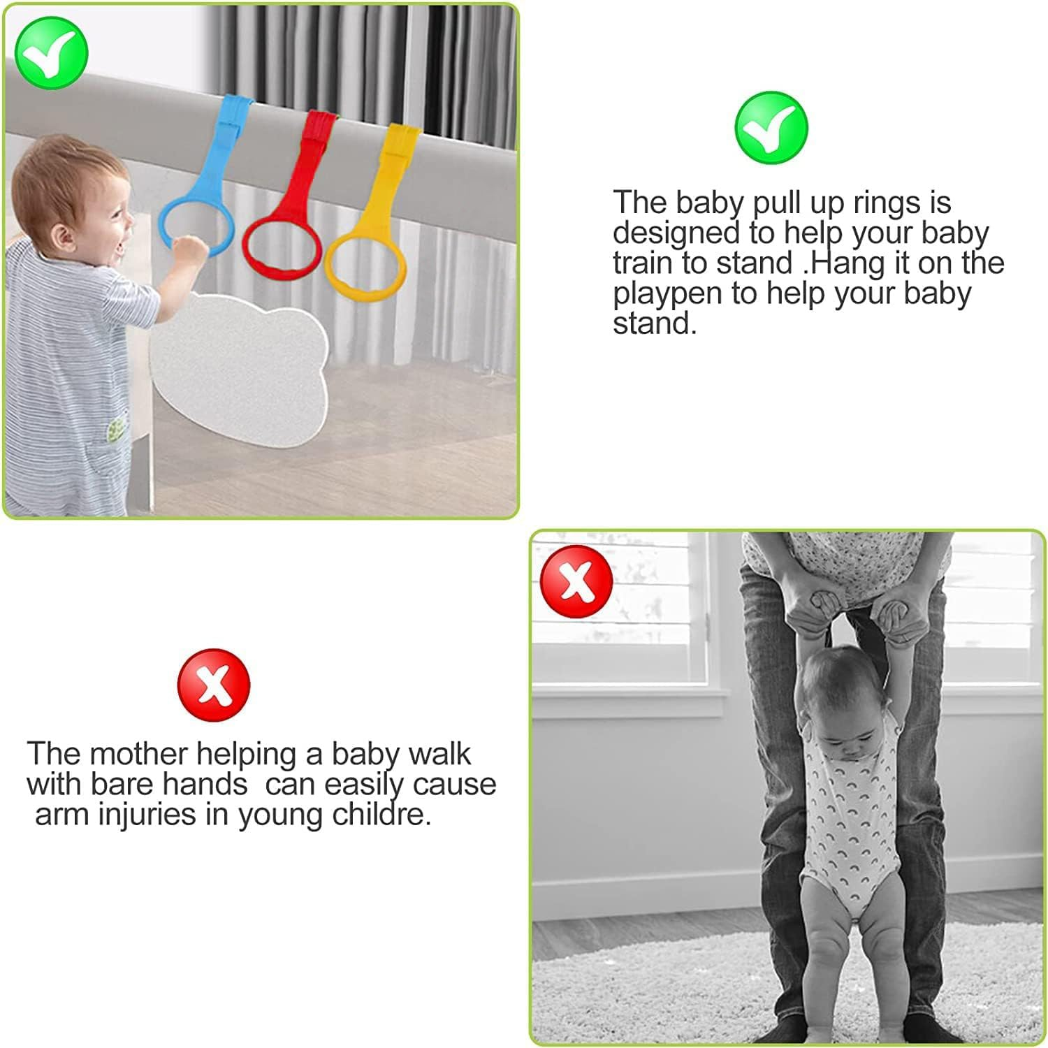 UOEPOWA 8 Pcs Baby Pull up Rings, Bed Stand up Assistant, Kids Walking Exercises Assistant Stand Up, Kids Walking Training Tool, Baby Walking Exercises Assistant Rings (4 Colors) image number 3