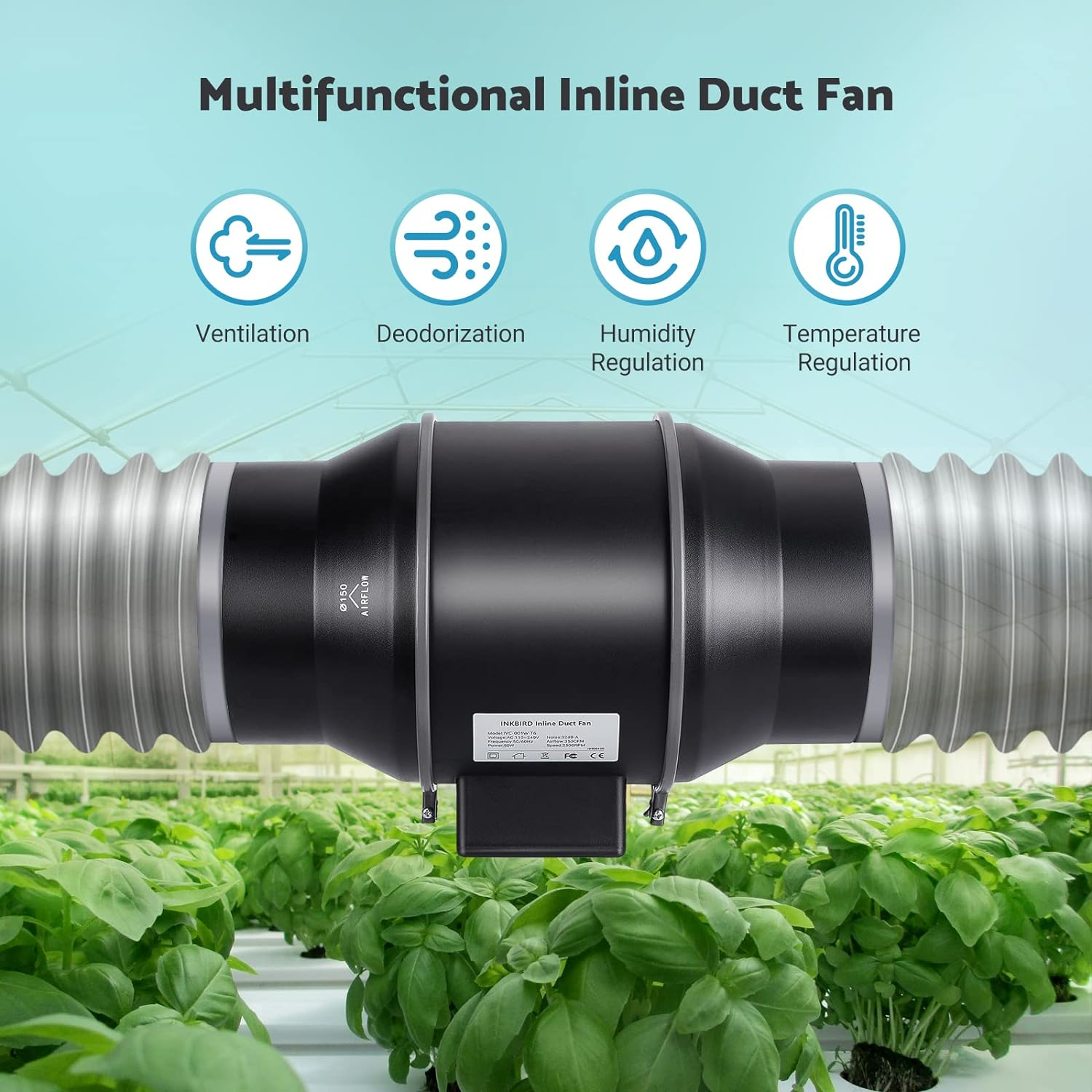 INKBIRD Inline Duct Fan with Smart Controller IVC-001W 6 Inches, Variable Fan Speed, Temperature and Humidity Control, HVAC Vent Blower for Grow Tents, Vertical Farms, Kitchens, Basements image number 1