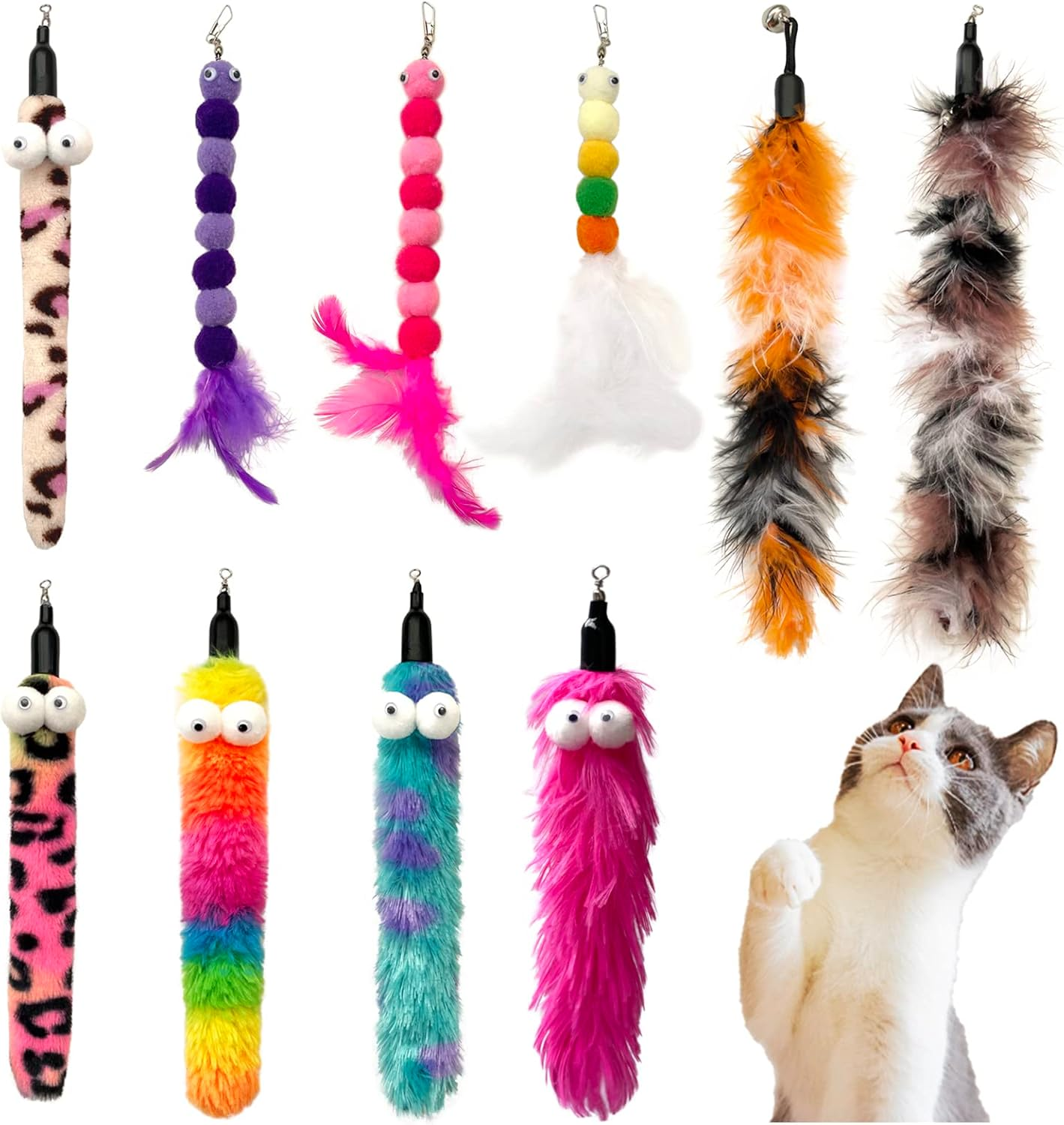 Acceleah Cat Worm Toy Refills - Assorted Teaser Wand Toys with Bell (14 Pcs)