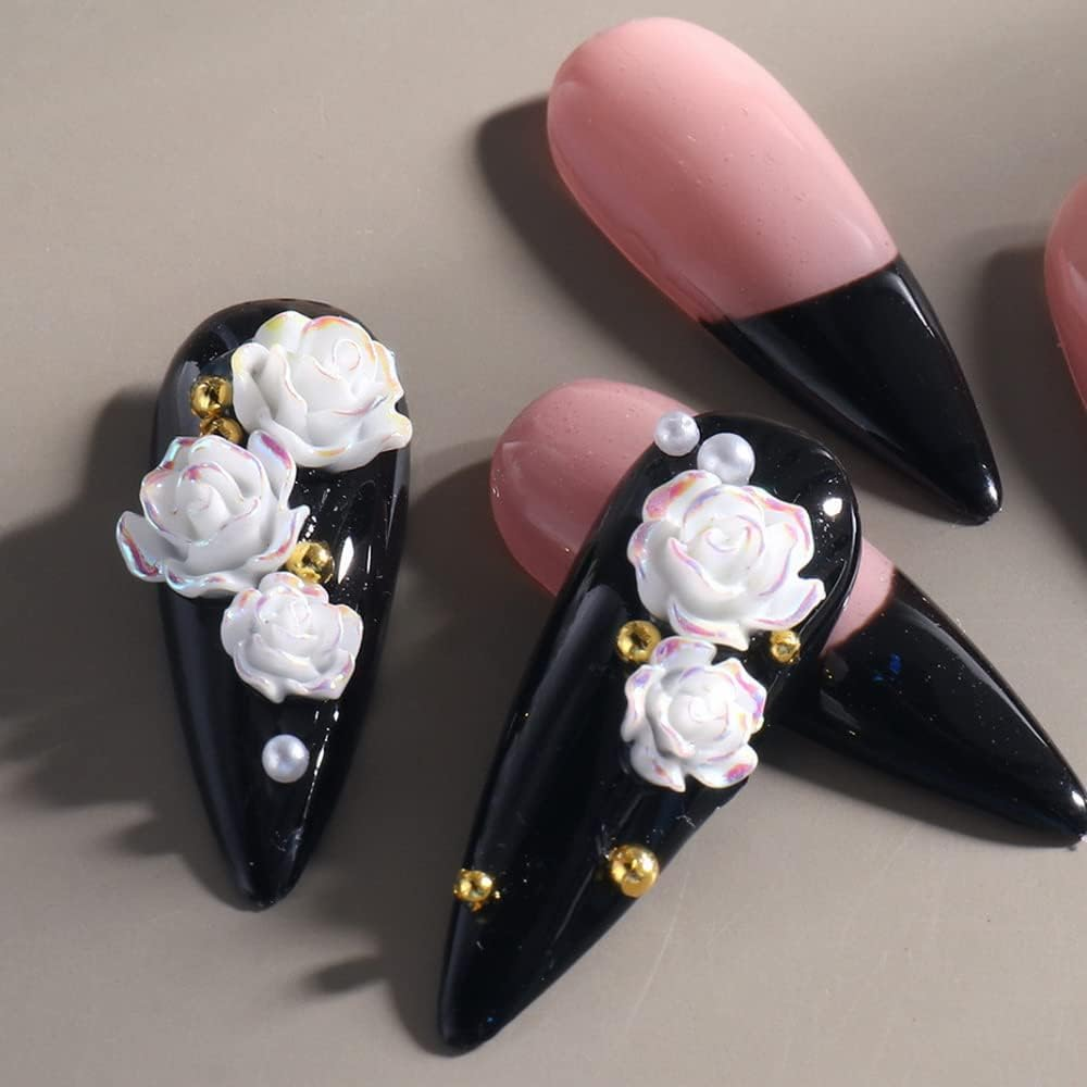 Woration Resin Nail Art Charms Decorations Decals 5D Nail Accessories Craft Ornaments Supplies White & Transparent Three-Dimensional Camellia Rose Flower 6 Grids