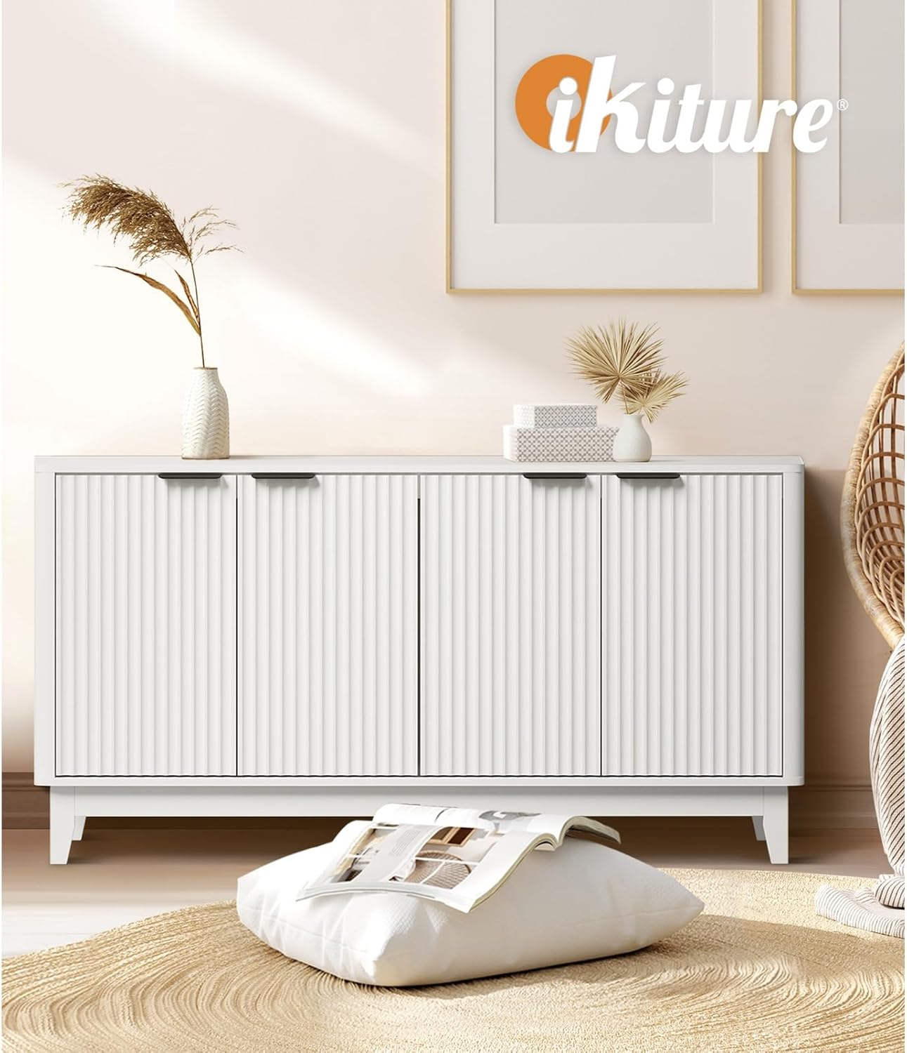 Oikiture Buffet Sideboard Storage Cabinet 4 Doors Cupboard Hallway Table White image number 4