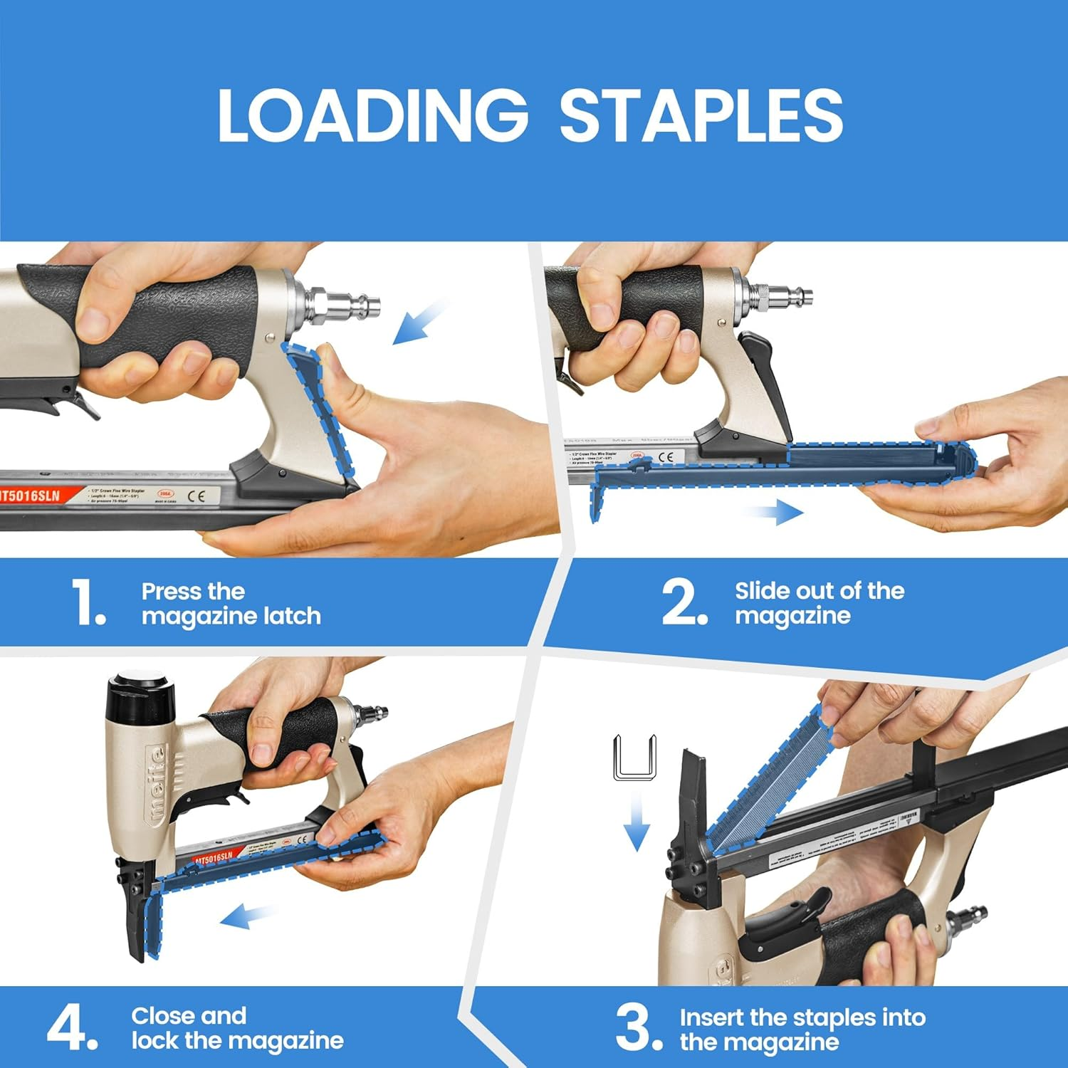 Meite MT5016SLN Pneumatic Upholstery Stapler with Safety Switch, Long Nose Air Staple Gun, 20 Gauge 50 Series / 6 to 16 Mm Lightweight Upholstery Air Stapler for DIY, Funiture and Woodworking image number 1