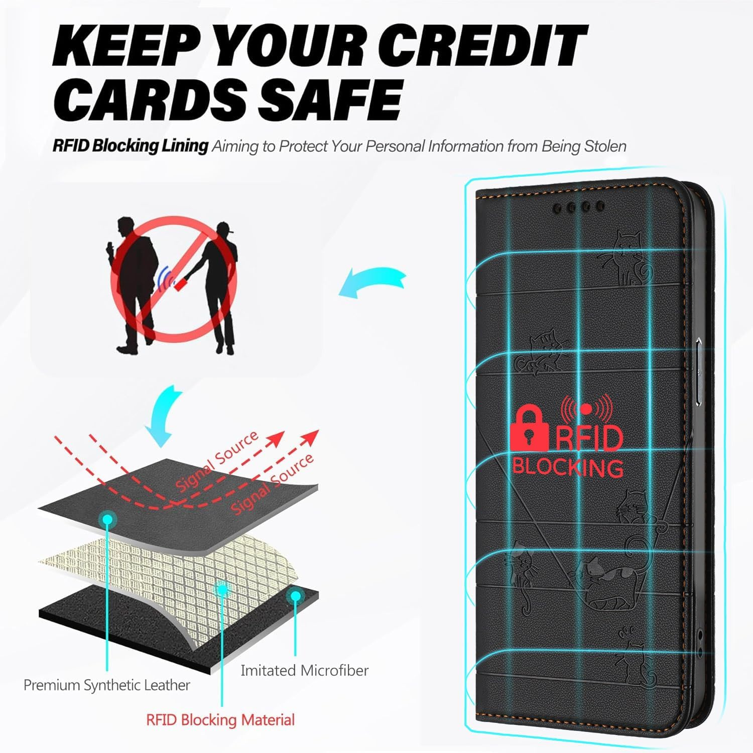 XINYEXIN Case for Xiaomi 15T 5G, PU Leather Mobile Phone Case with RFID Protection, Card Slots, Magnetic Flip Case with Stand, All-Round Protection - Black image number 4