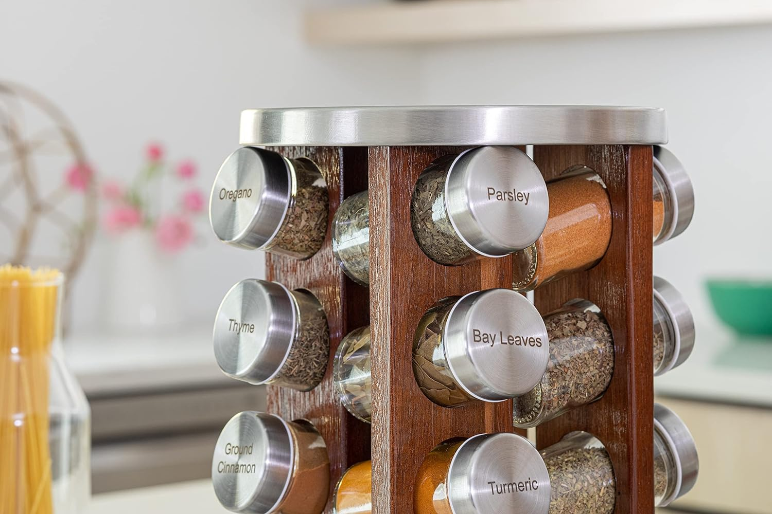 Orii 20 Jar Dark Acacia Wood Spice Rack with Spices Included - Rotating Tower Organizer for Kitchen Spices and Seasonings, Free Spice Refills for 5 Years (Dark Stained Acacia Wood) image number 4