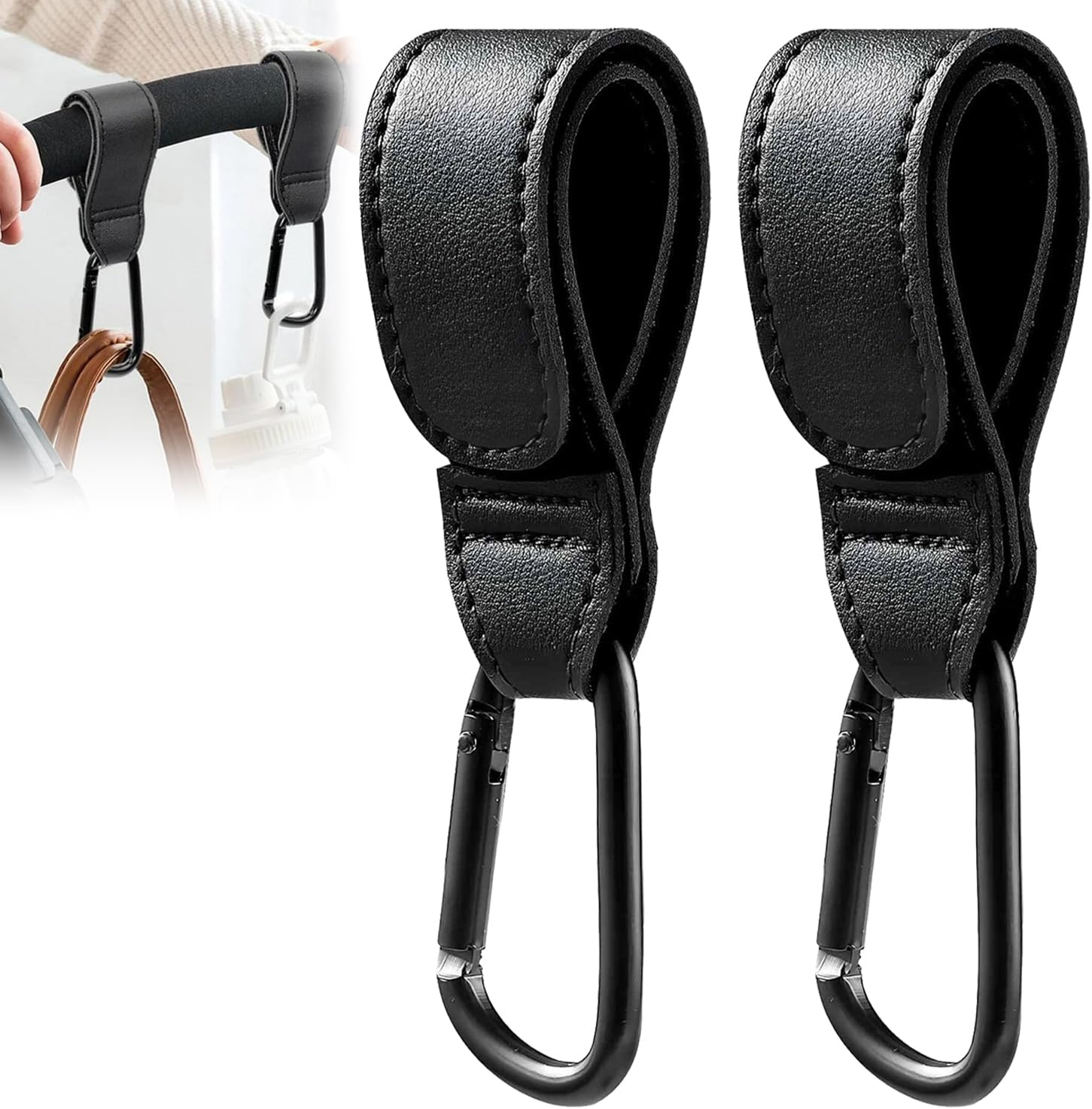 2 Pcs Baby Bag Clips, Leather Buggy Clips Multipurpose Hooks Pram Clips, Pushchair Clips Baby Stroller Hooks with Sturdy Carabiner and Strong Magic Adhesive for Hanging Shopping Handbag Changing Bag