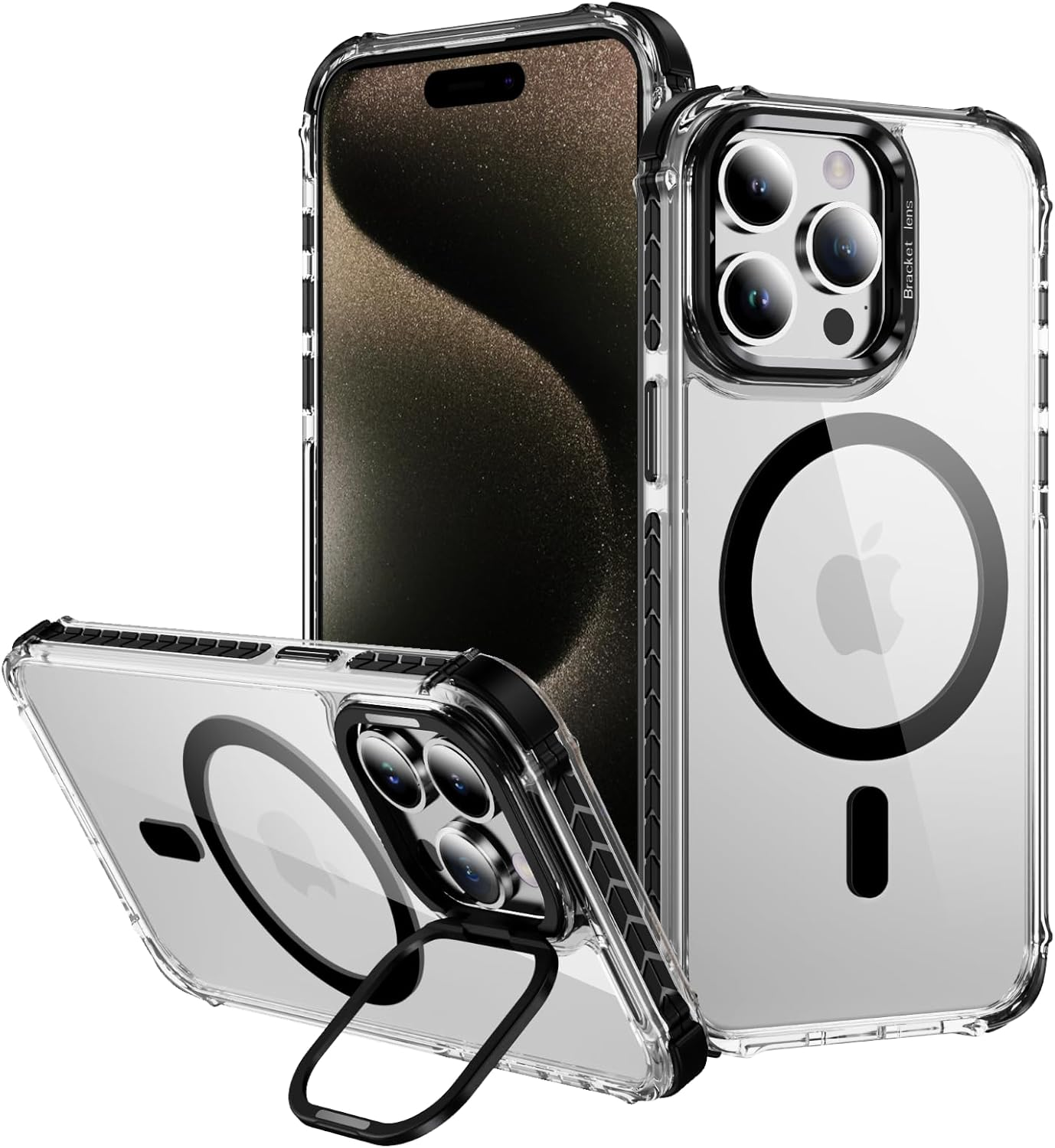 For Iphone 15 Case with Metal Camera Stand, Full Protection Shockproof Cover, High-Transparency Magnetic Case for Iphone 15 (Black) image number 6