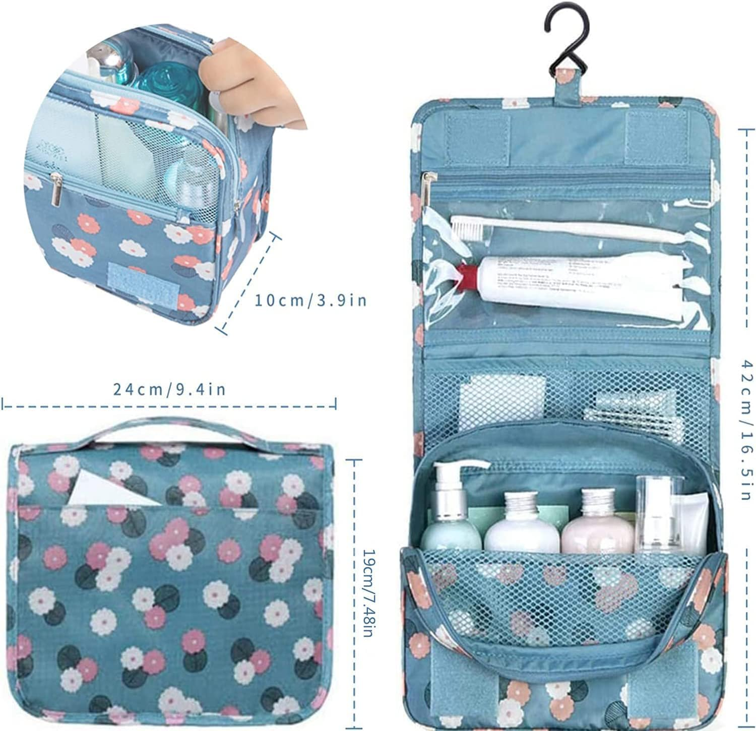 Hanging Foldable Travel Toiletry Bag, 1Pc Hanging Travel Toiletry Bag with Hook, Hang Travel Makeup Organizer Toiletries Bag for Women image number 4