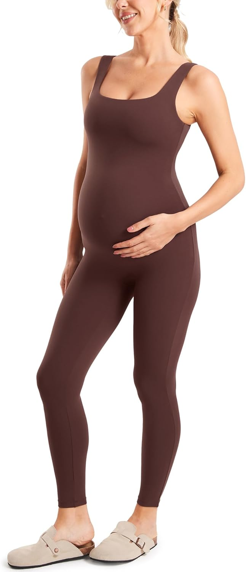 MOMANDA Maternity Jumpsuit Workout Romper for Pregnancy Seamless Leggings Bodysuit Sleeveless Square Neck Tank Top