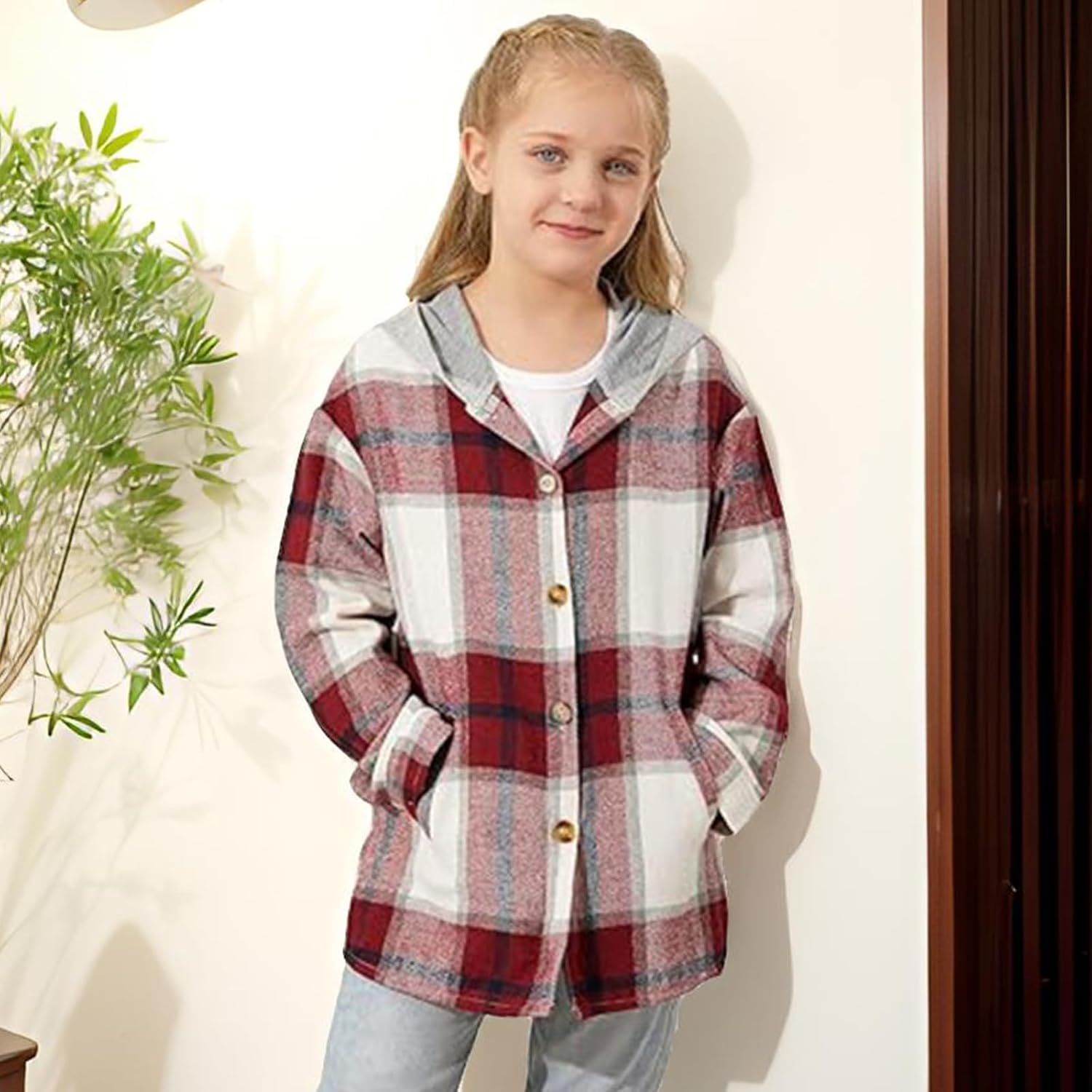 OXUBOAO Girls Flannel Jackets Plaid Button down Coats Pockets Long Sleeve Hooded Jacket for Fall Winter