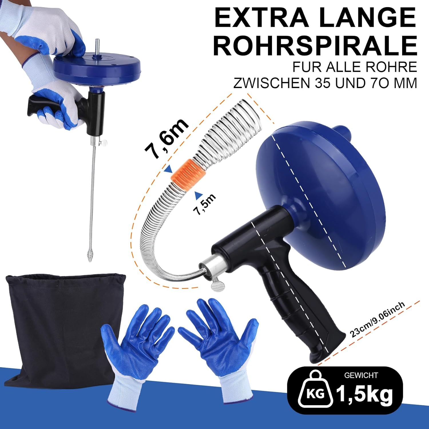 LJEC Pipe Cleaning Spiral 7.5 M with Drill Attachment Manual and Electric Pipe Cleaning Device Stainless Steel Effective Drain Spiral against Blockages with Gloves for Sink, Bathroom, Kitchen image number 4