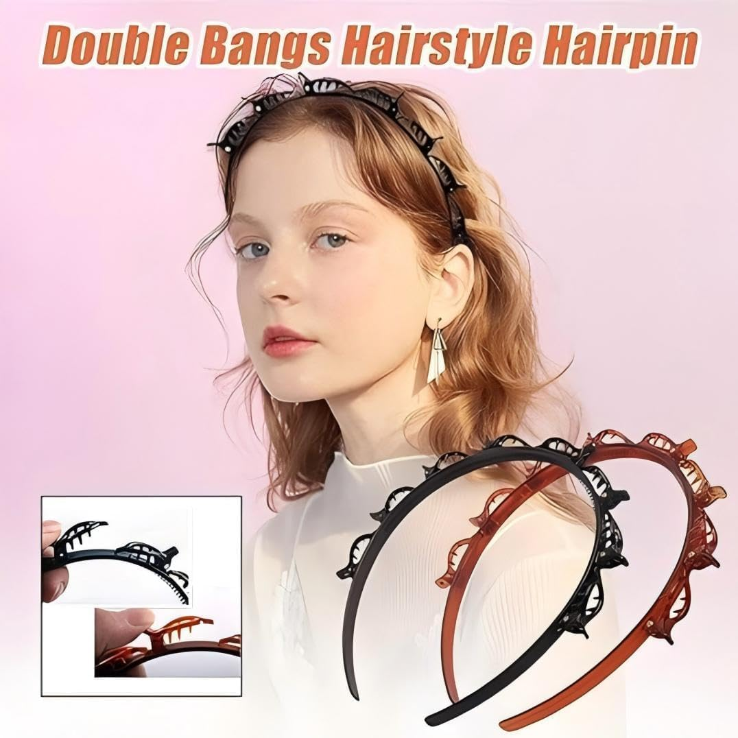 2Pcs Bangs Hairstyle Twist Hairpin Headbands,Bangs Hairstyle Hairpin Twist and Clip Headband,Double Twist Headband Bangs Headband,Double Layer Bangs Hairstyle Headband with Clip Braided Hairband image number 2