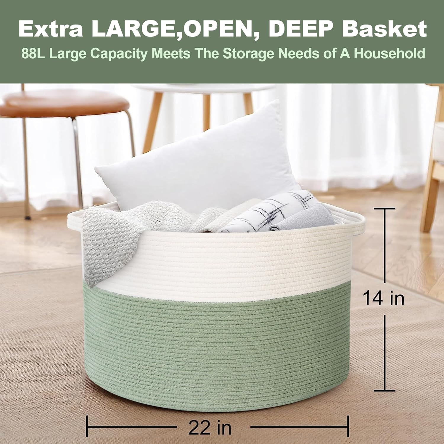 MEGASKET Extra Large Green Storage Baskets, 22" X 22" X 14" Kids Toy Baskets Storage, XXXL Dog Toy Bin Basket, Nursery Baby Toy Organizer Box, Soft Cotton Rope Woven Basket, Blanket Basket Living Room - Dark Blue And Blue Stripe image number 7