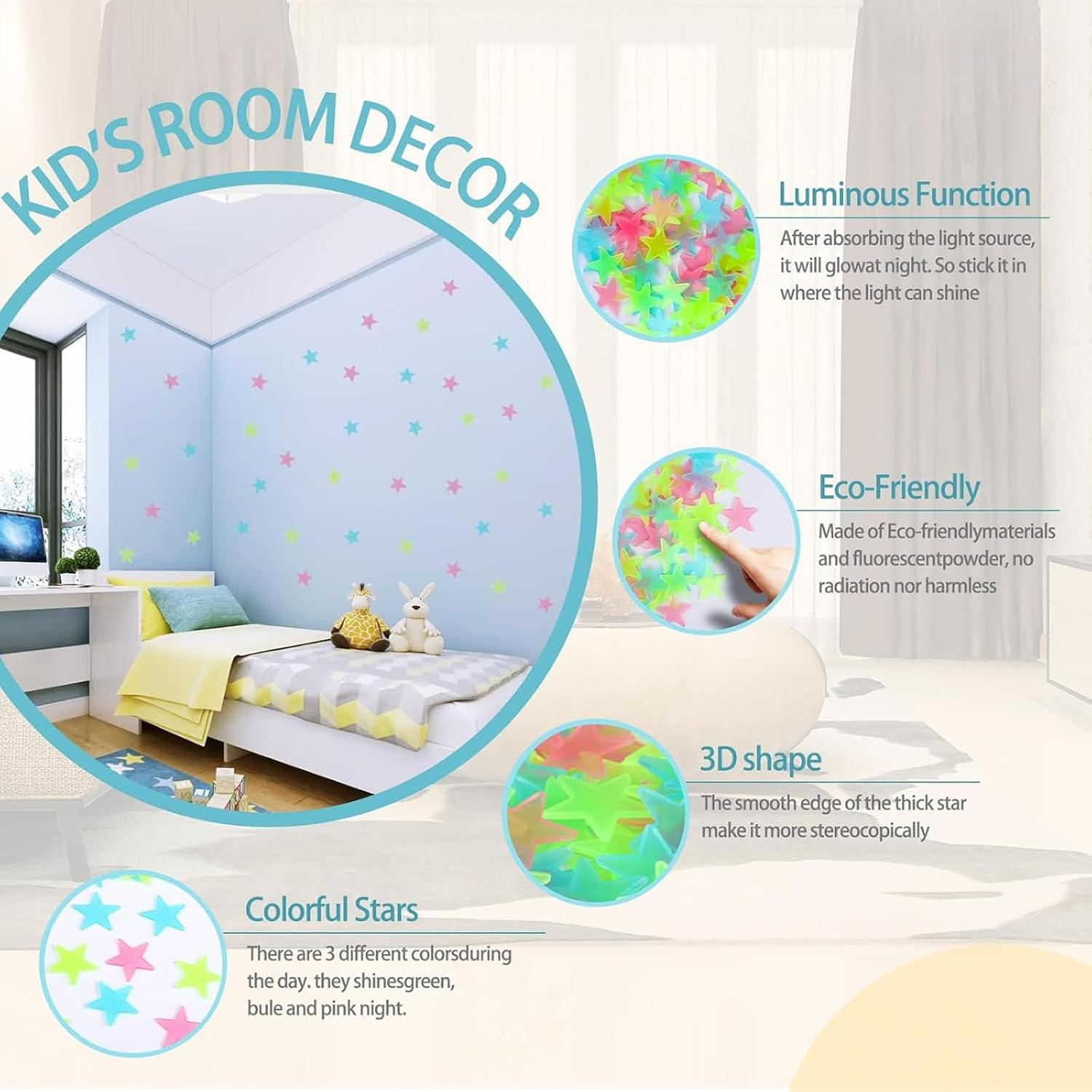 Glow in the Dark Stars and Moon Stickers for Ceiling - 200Pcs 3D Luminous Adhesive Stars Create Realistic Starry Sky - Room Decor for Kids Bedroom, Wall Stickers