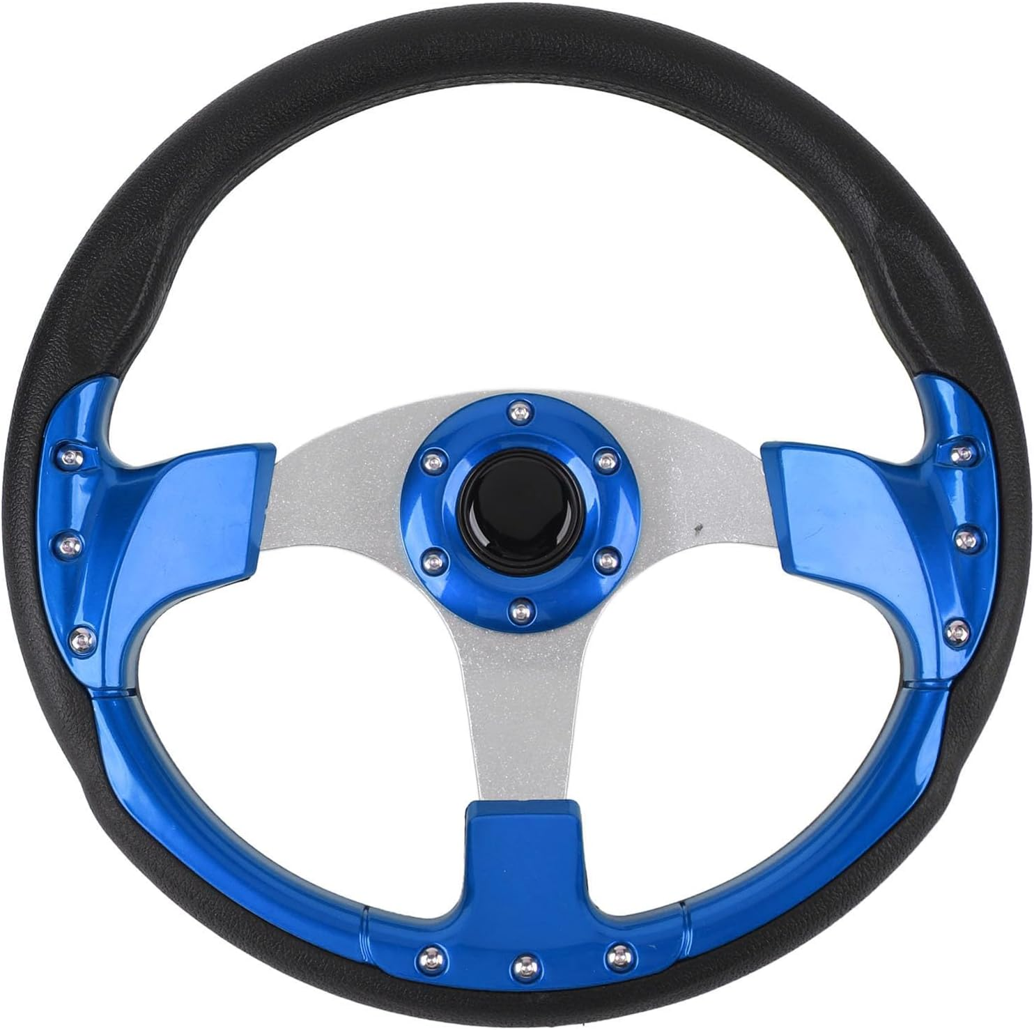 Jiawu 14In Universal Racing Steering Wheel with Horn Button, Blue, Aluminum + PU Leather, 6 Bolts, Passenger Car Compatible