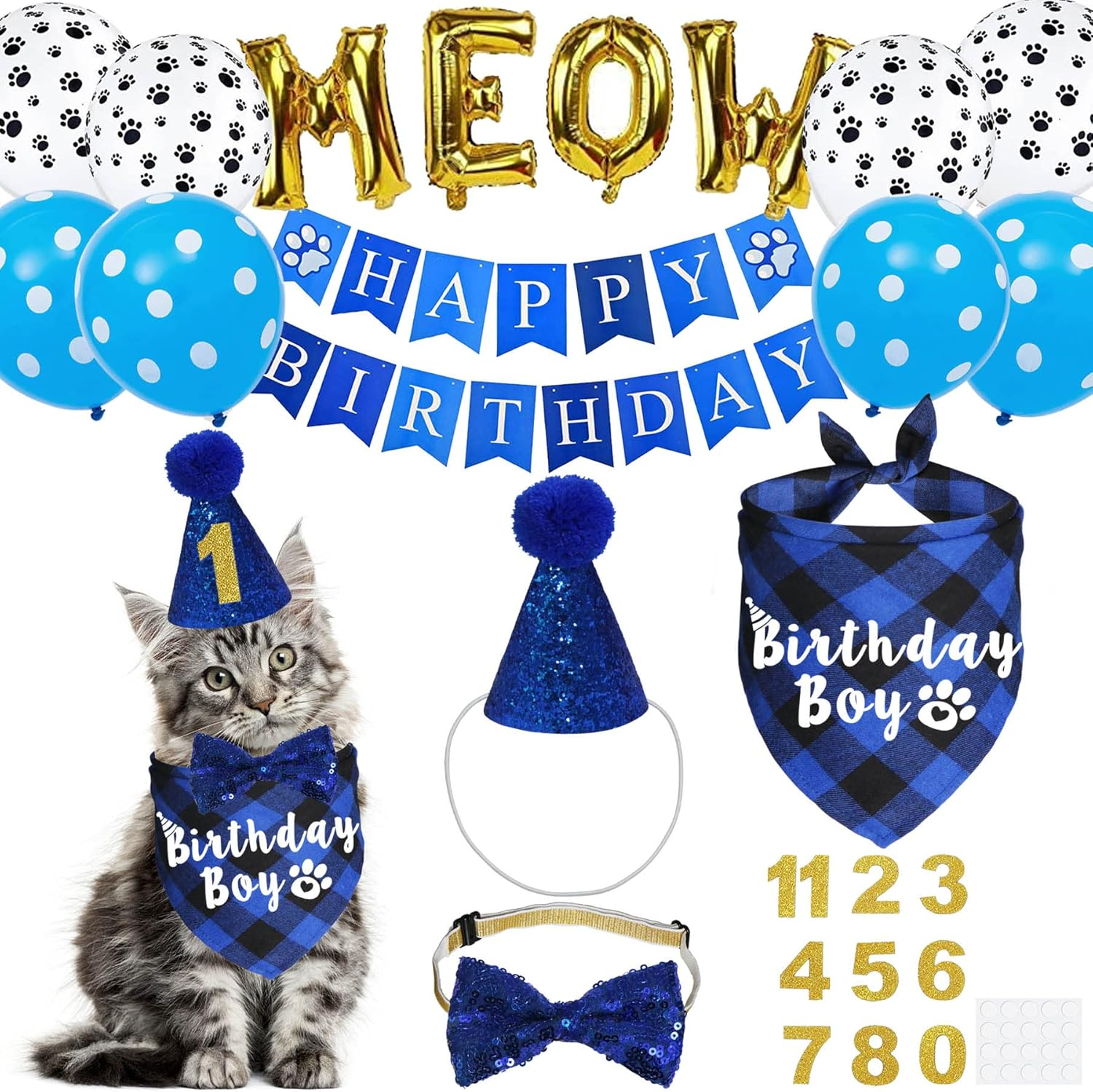 JOTFA Cat Birthday Party Supplies, Cat Birthday Bandana with Cat Birthday Hat Bow Tie Birthday Number Cat Birthday Banner Balloons Meow Letter Balloons for Cat Kitten Birthday Decorations