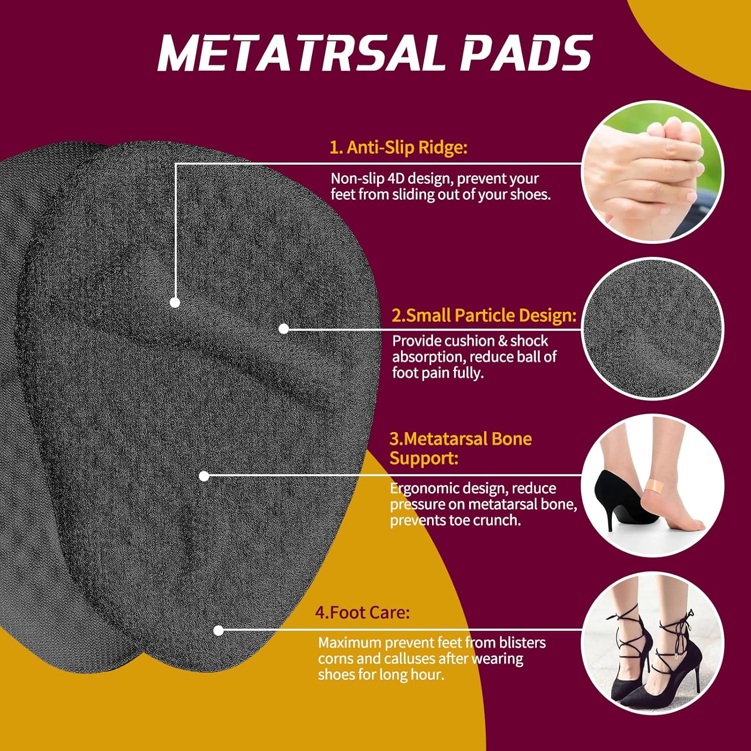 Ball of Foot Cushions Heel Inserts, Anti-Slip Metatarsal Pads for Women, One Size Fit All Foot Pad Insoles, Foot Pain Relief and Comfort Reusable Shoes Forefoot Gel Insoles for Loose Shoe, Blisters, Calluses-3Pairs, Black - Beige image number 5