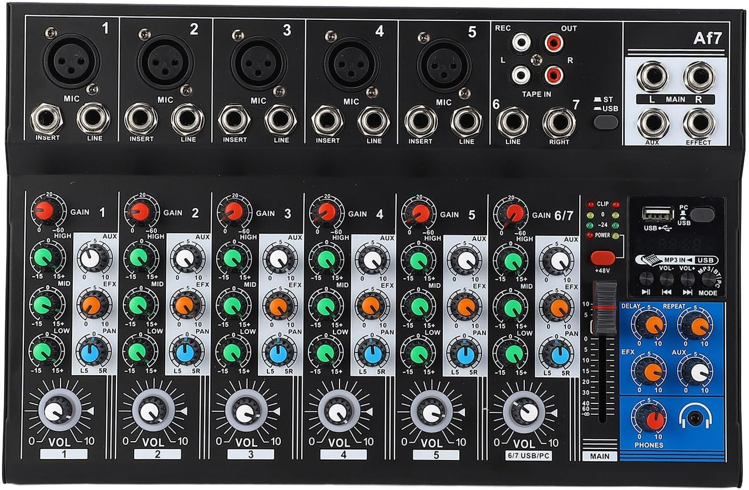 7 Channel Bluetooth Audio Mixer, Low Noise Streaming Mini Line Mixer, Ultra Slim DJ Sound Controller with LED Light, for Home Stage Live Streaming image number 4