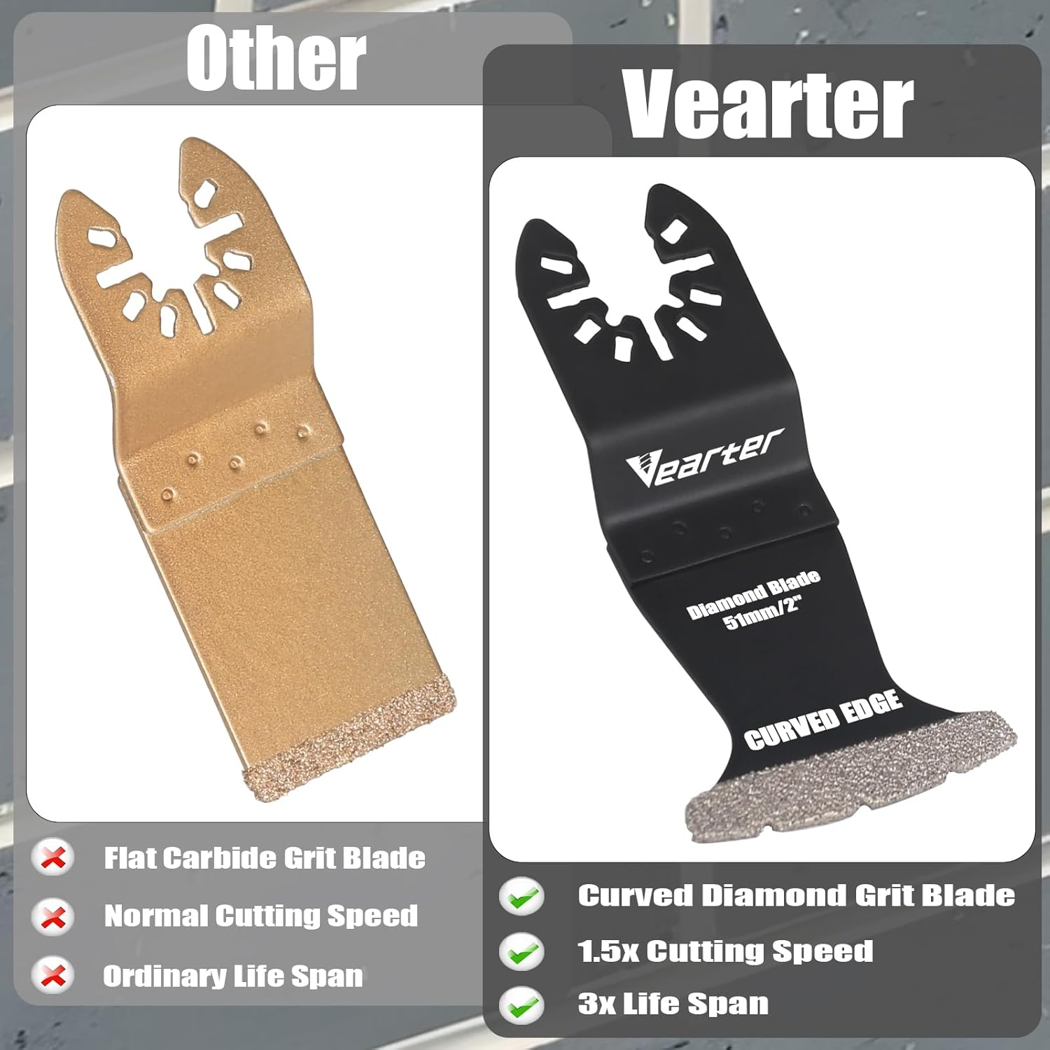 Vearter 5PCS Diamond Oscillating Saw Blades, 51Mm Universal Multitool Blades for Grit Grout Removal, Quick Release Curved Edge Multi Tool Kit for Tile, Air Brick, Cement, Concrete, Masonry image number 6