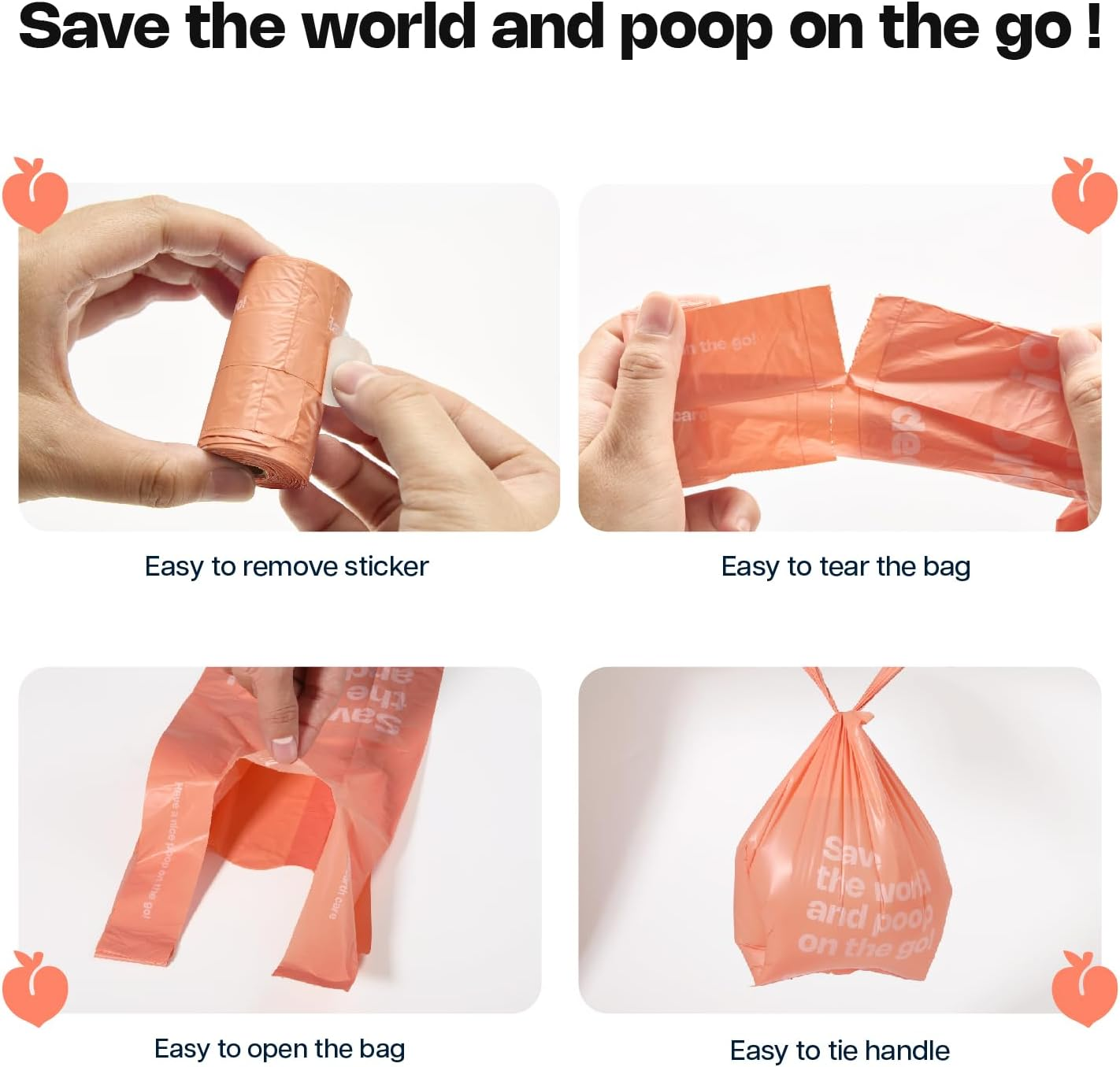 Deo Doo Dog Poop Bags with Handles 30 Rolls 360 Counts Big Sizes Leak Proof and Extra Thick Waste Bags Refill Rolls for Walking Small Medium Large Dogs Cats Litter Peach Scented - Onthego-Peach Scented-360Pcs image number 3