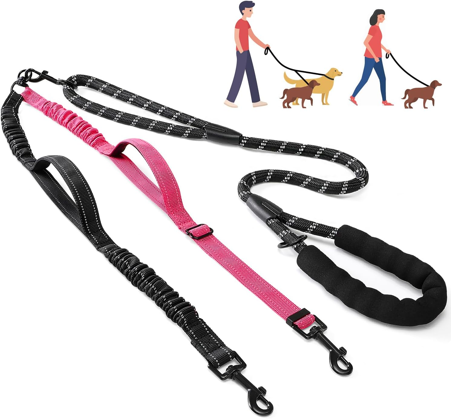 Slowton Double Leash for Two Small Dogs, No Tangle 360&deg; Swivel Dual Dog Leashes with 4 Handles, Super Lightweight for Puppy under 20Lbs, Reflective Adjustable Strap and Shock Absorbing Bungee