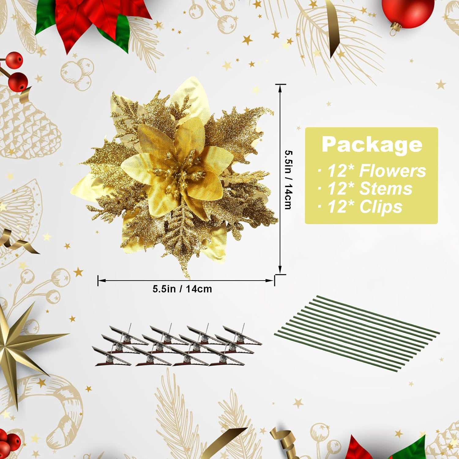 12 Pcs Poinsettia Artificial Christmas Flowers Decorations with Clips and Stems Glitter Christmas Poinsettia Decorations for Xmas Tree Ornaments Winter Party Wreath Decoration (Bright Golden) image number 4