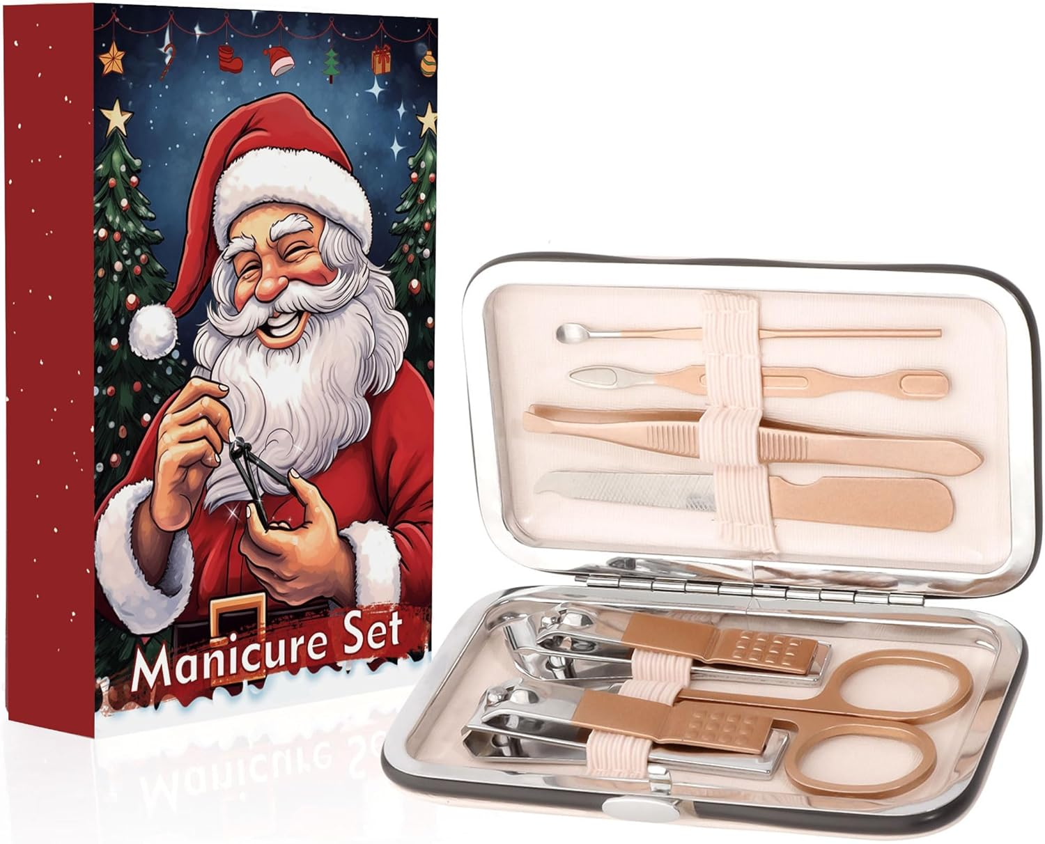 Manicure Set, 7-In-1 Christmas Rose Gold Stainless Steel Nail Clippers Manicure Set, Men'S Care Set, Nails Doing Yourself, Cuticle Remover for Ingrown Toenails and Thick Nails, for Travel and Home