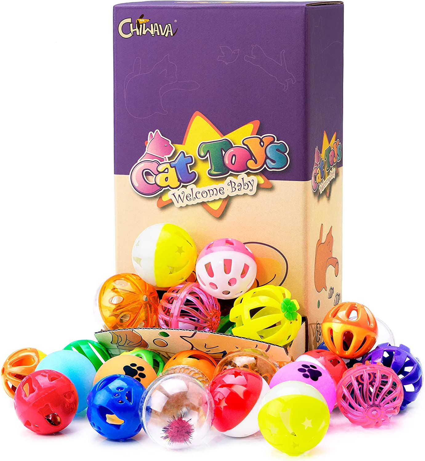 Chiwava 48 Pack Plastic Noisy Cat Toy Balls with Bell Kitten Chase Toy 8 Types Assorted Color Size