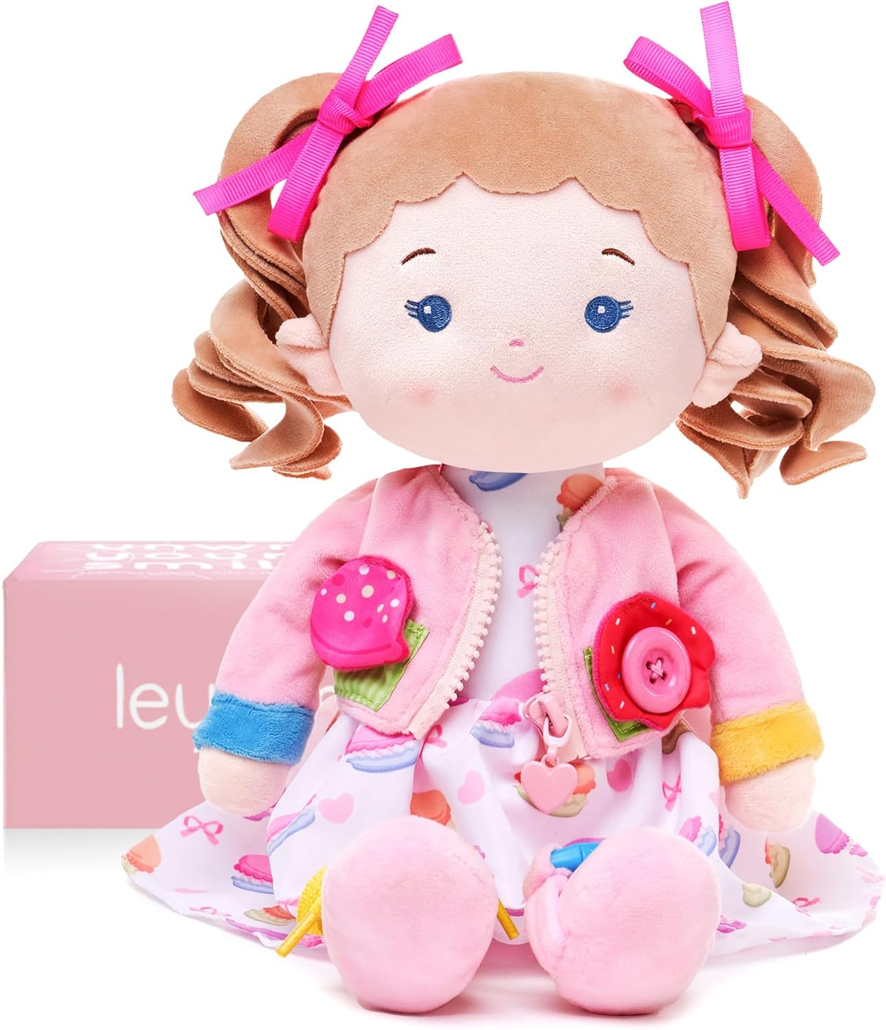 Leyadoll Educational Soft Baby Doll(16''), Learning Sensory Doll for Toddlers, Montessori Toys for 2-Year-Old Girls Christmas, Birthday Gifts, Plush Doll with Zipper, Shoelace, Button-Busy Sweetheart