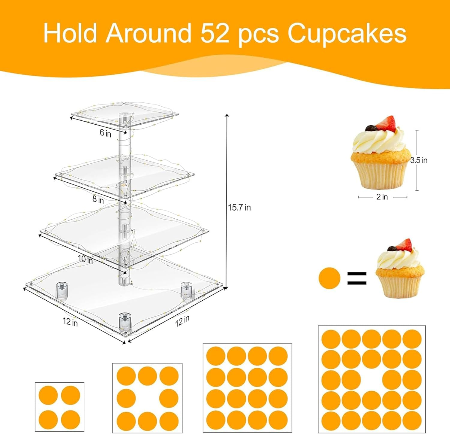 4 Tier Cupcake Stand Acrylic Tower Display with LED Light String, Cupcake Tray Holder Dessert Cake Tree Tower Pastry Stand for Birthday Cady Bar D&eacute;cor Weddings Parties Events image number 4