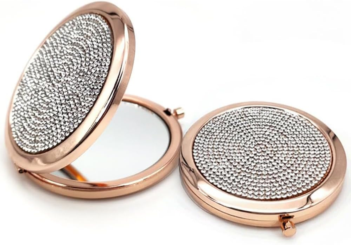 2-Piece Mini round Double-Sided Mirror Set &ndash; Diamond Metal Compact Folding Mirror, 7 Cm Travel & Pocket Mirror, Sturdy Rose Gold Cosmetic Mirror for Women & Girls image number 5