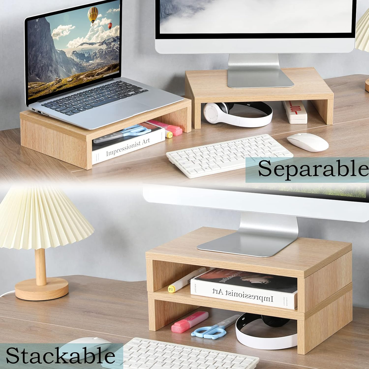 TEAMIX Wood Monitor Stand Riser-2 Pack,Maple Adjustable Monitor Stand Dual Monitor Riser for 2 Monitors/Laptop/Pc Computer Stand for Desk