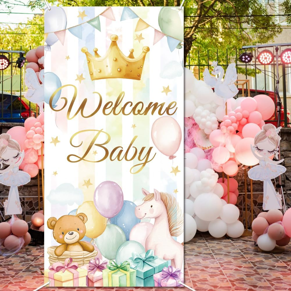 WADORN Welcome Newborn Backdrop, Newborn Shower Party Backdrop Decor Large Fabric Birthday Party Photo Banner Photography Background Photo Booth Props for Gender Revel Party 35.43X70.87 Inch image number 4