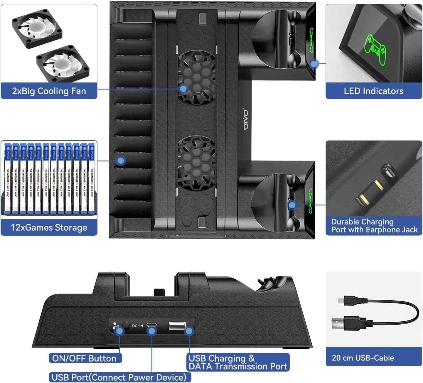 OIVO PS4 Cooling Stand for Playstation 4/PS4 Slim/Ps4 Pro, PS4 Stand with PS4 Controller Charger, PS4 Vertical Stand with Cooling Fan Cooler and 12 Game Slots, PS4 Cooling Station with LED Indicators image number 4