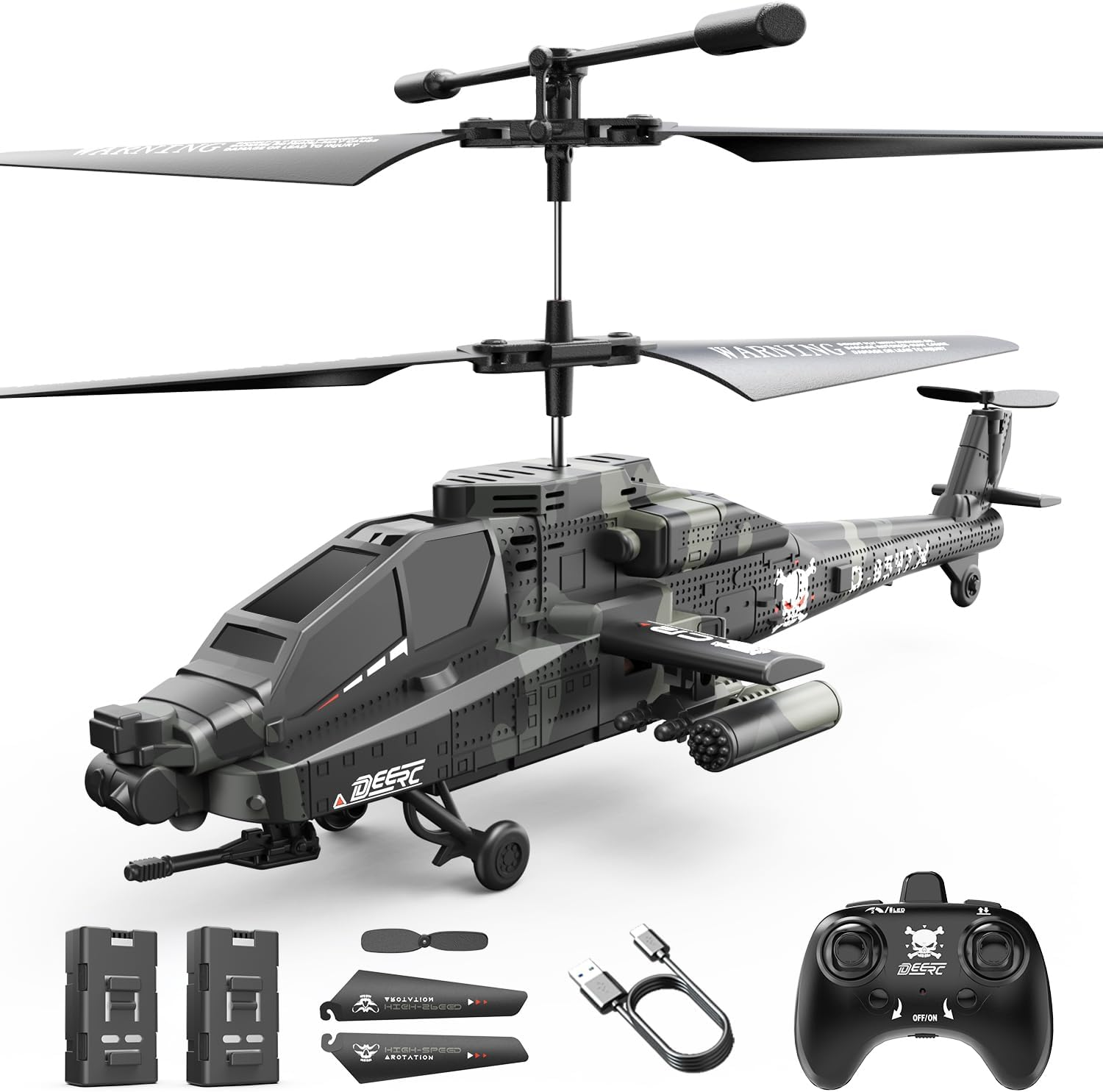 DEERC Apache RC Helicopter for Kids & Adults, Military Remote Control Helicopter Toy with LED Lights, 2 Batteries & USB-C Charging, 26 Mins Flight, Altitude Hold, Suitable for Boys Ages 8-12 image number 2