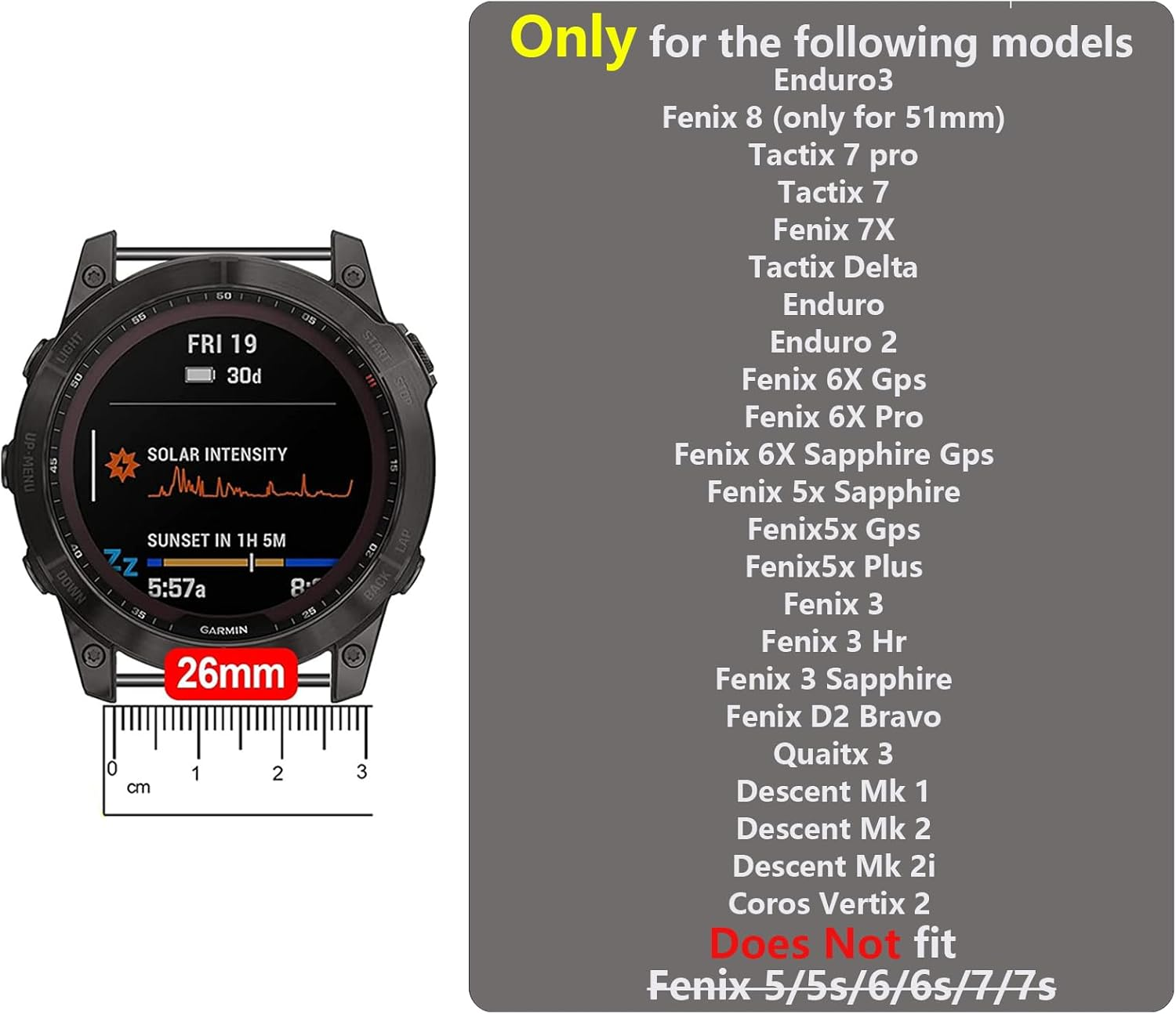 T Tersely 2 Pack Quickfit Sport Strap for Garmin Enduro3/Fenix 8/7X/7X Pro/6X/6X Pro/5X,26Mm Soft Silicone Watch Band Replacement for Garmin Fenix 5X Plus/Fenix 3/Fenix 3Hr/Tactix7/Bravo/Enduro2 image number 3