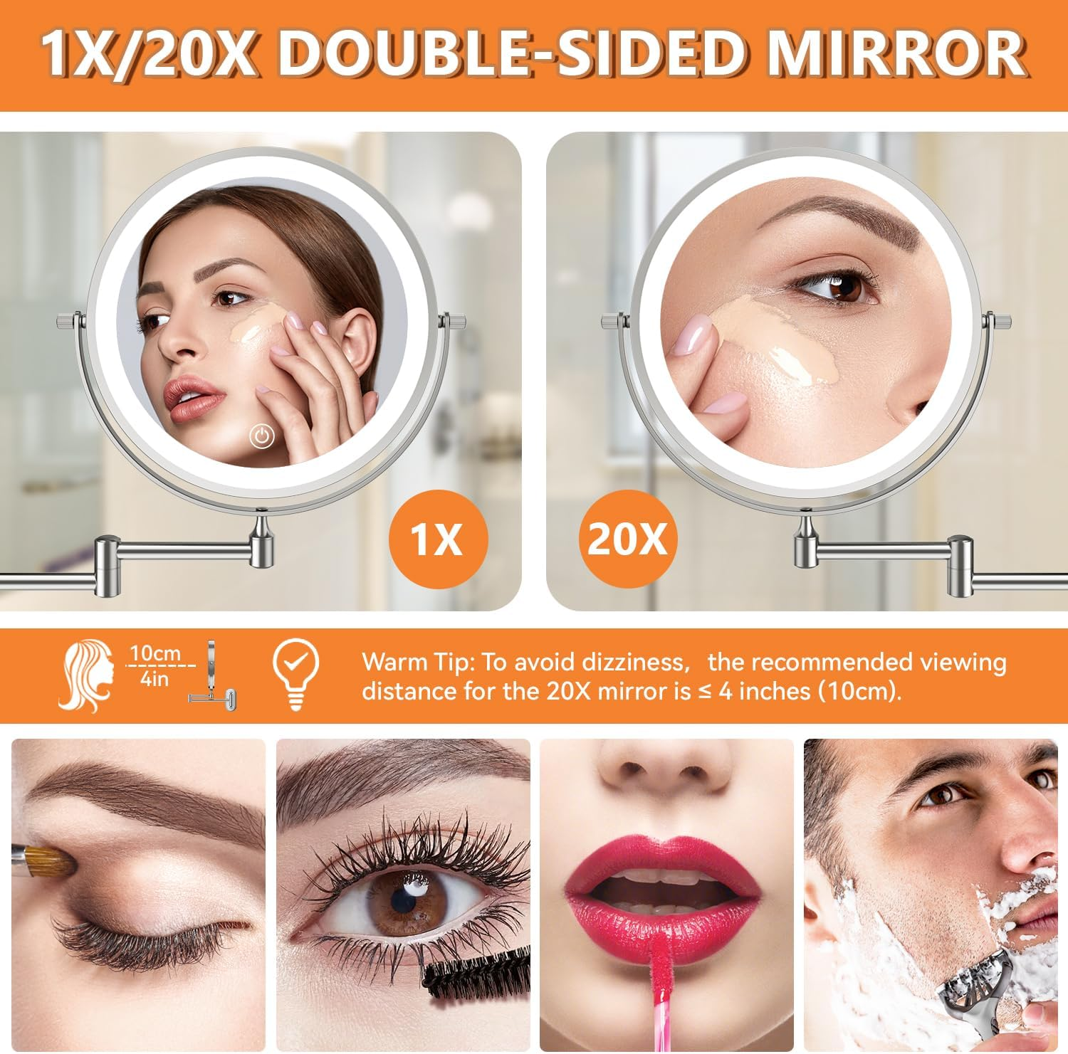 Auxmir 8'' Wall Mounted Lighted Makeup Mirror, 3200Mah Rechargeable Double-Sided 1X/20X Magnifying Mirror with Light, Touch Dimmable 3 Color Light, 360&deg; Rotation Foldable Extended Arm, Chrome image number 2