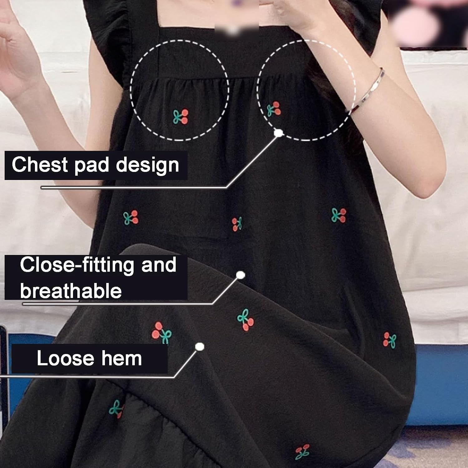 Polyester Blended Nightgown Mid-Length Loose with Chest Pad Nightdress Suspenders Nightgown Can Be Worn Outside