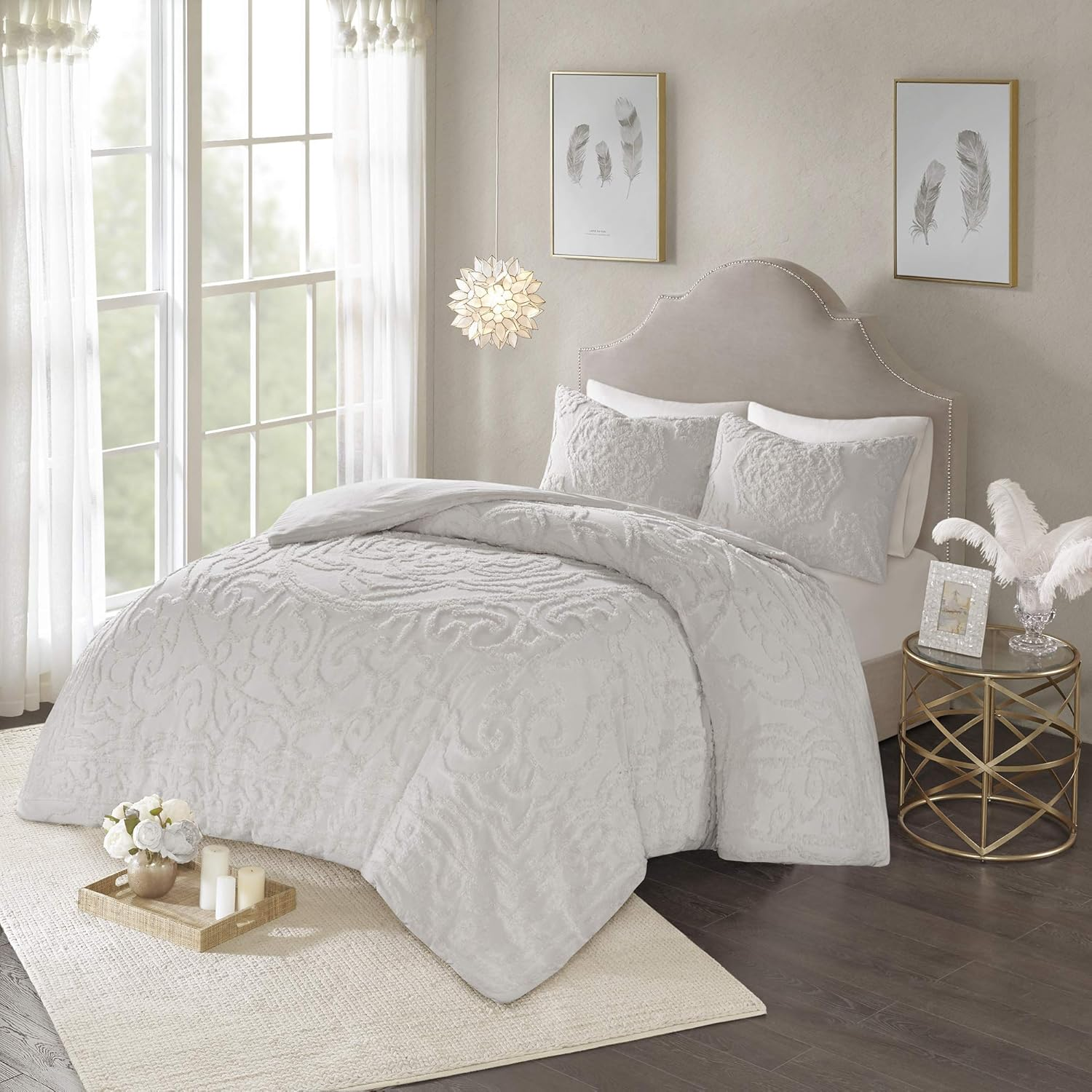 Madison Park Laetitia 100% Cotton Duvet Set-Chenille Tufted Medallion Design All Season Cozy Bedding Shabby Chic Comforter Cover, Matching Shams, Full/Queen (90 in X 90 In), Floral Grey