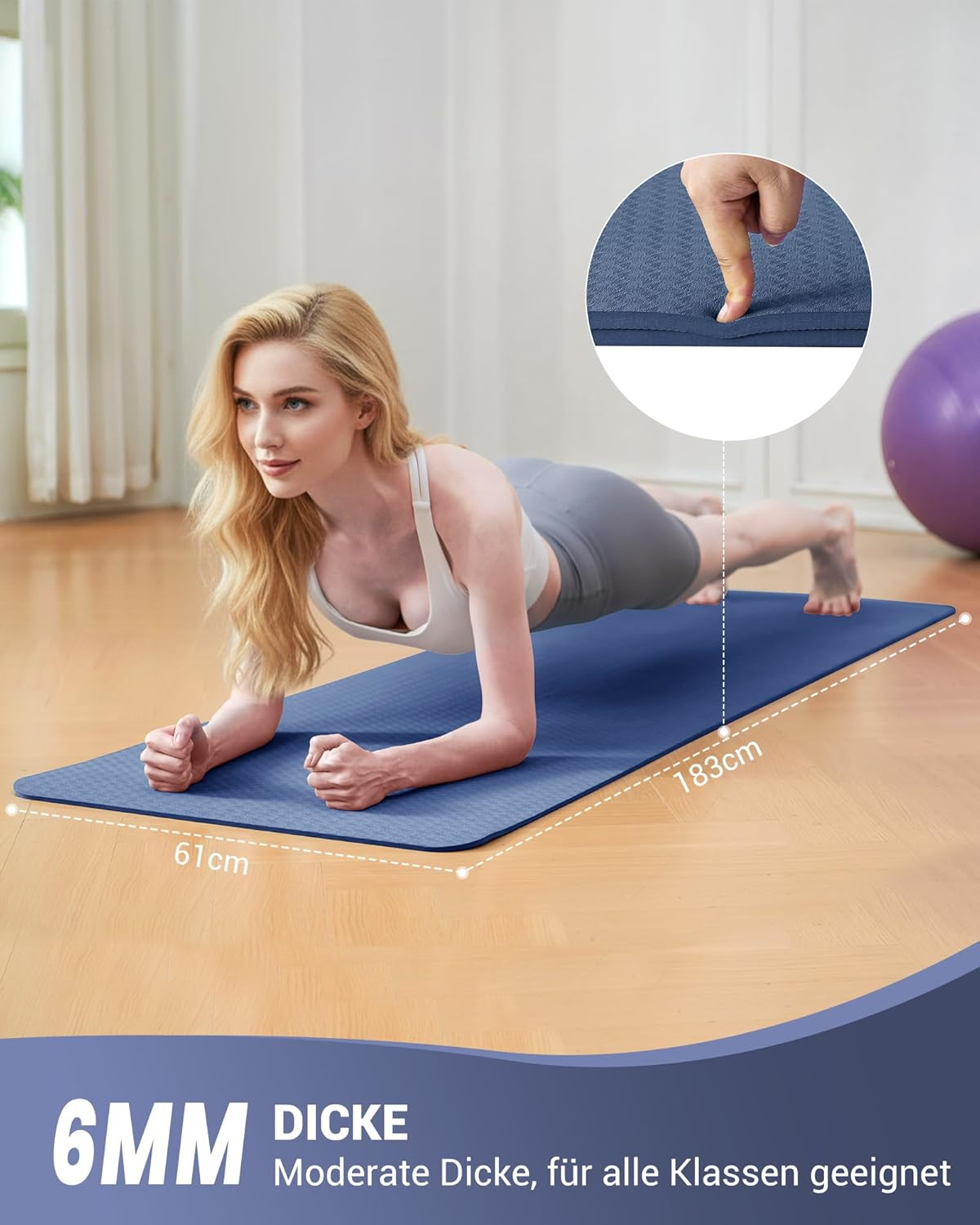 Good Nite Yoga Mat Gymnastics Pilates Exercise Mat for Women Non-Slip Thick 6Mm with Carry Strap Tpe 183 X 61 X 0.6Cm - Blue image number 5
