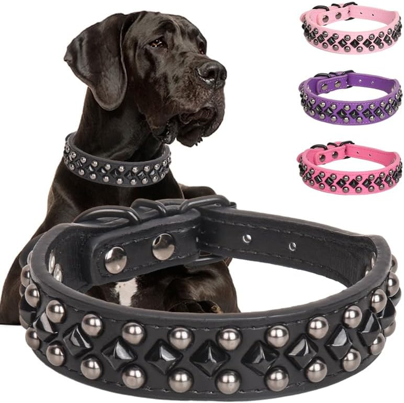 Serijoars Spiked Studded PU Leather Dog Collar for Small, Medium, Large Breeds, Pit Bull, Bully, Husky, Terrier, Adjustable (Hot Pink, L (41-47CM))