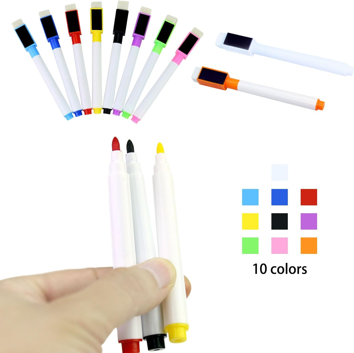 10 Pieces of Whiteboard Markers, Colorful Fine Bullet Washable Markers, Magnetic Dry Erase Markerswith Eraser, Office, Classroom, Teacher and Household Items image number 5