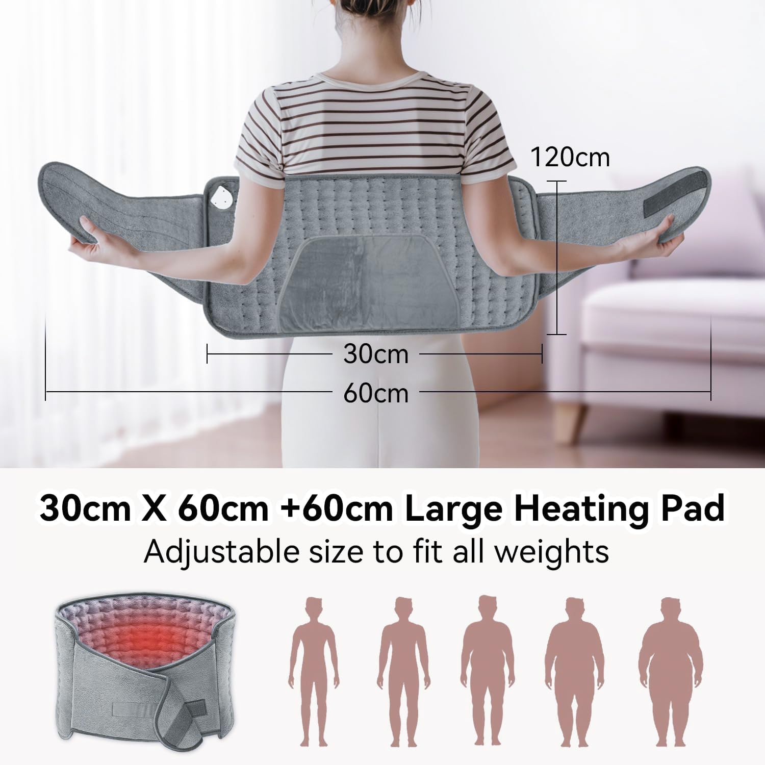 Heating Pad for Back Pain Relief Period Cramp, Koreal 30Cm X 60Cm Heated Pad with 60Cm Waist Belt, 10 Heat Levels 4 Time Setting Auto Shut Off, Electric Heating Pad for Shoulders Pain Relief, Grey image number 6