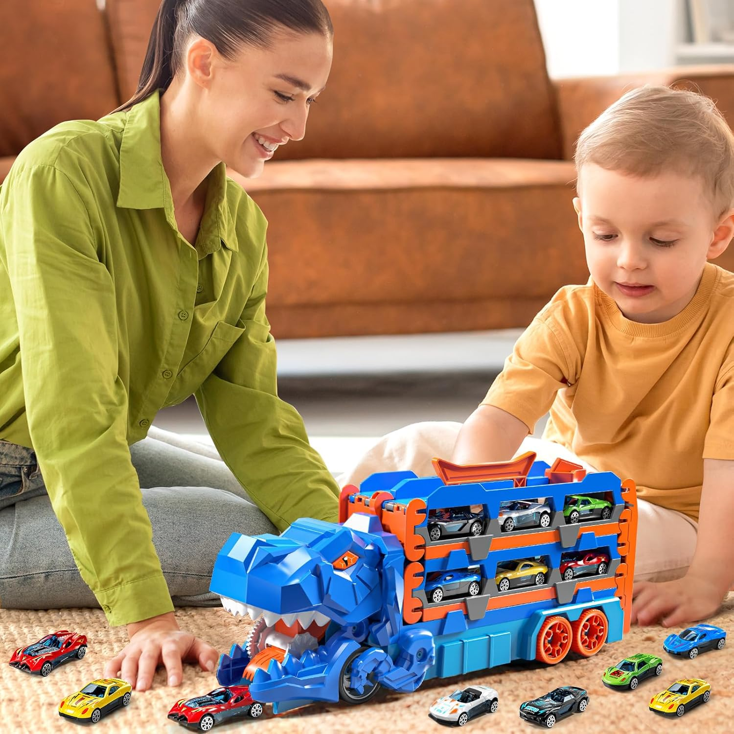 Dinosuar Truck Toy for Kids 3 4 5 6 Years Old - Dinosaur Cars Set, Toy Vehicle, Carrier Truck for Toddlers 3-4 Years, Race Track Set, Birthday Gifts Toys for Boys 3 4 5 6 7 8 Years Old