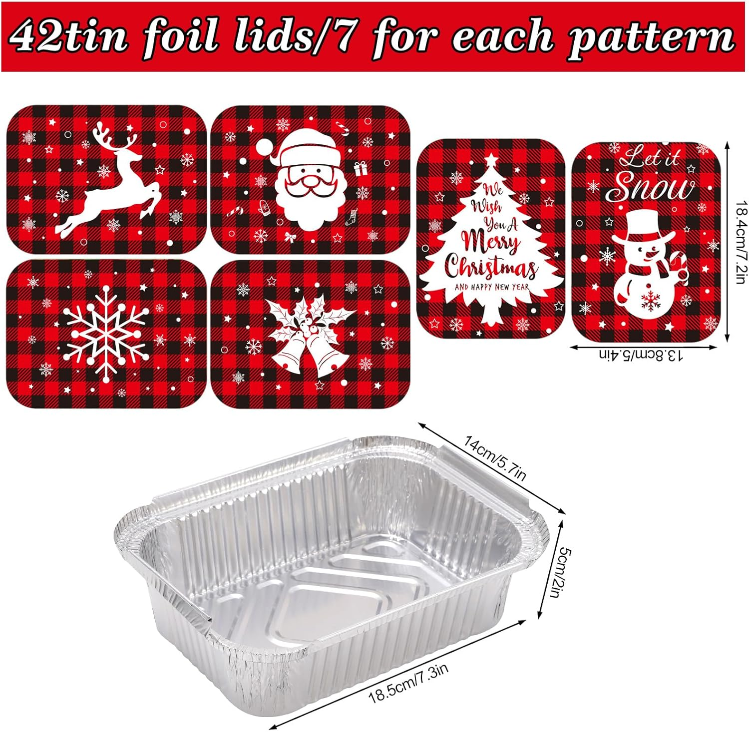 Whaline 42Pcs Christmas Foil Pans with Lids Red Black Plaid Food Storage Containers Xmas Tree Santa Disposable Aluminum Pans for Baking Cooking Heating Storing Prepping Food, 6 Designs image number 2
