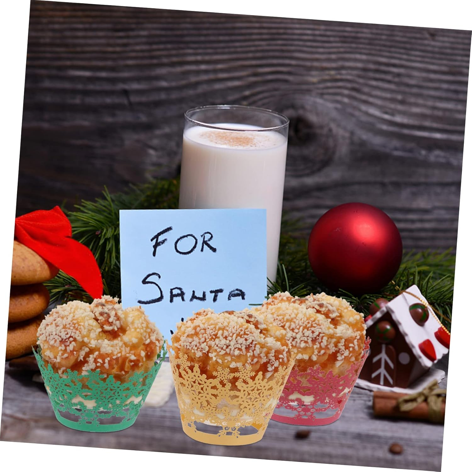 SECFOU 36Pcs Cake Surrounds Christmas Cake Wrapper Paper Cups Snowflake Baking Liner for Theme Parties