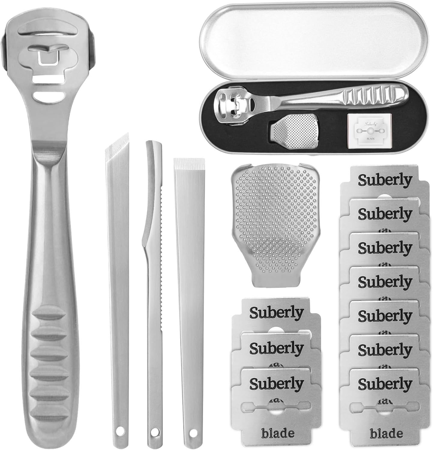 Callus Remover, Foot Scraper, Stainless Steel Callus Planer with 10 Replacement Blades Silver and 3 Foot File Scraper, Callus Removal, Foot Callus Rasp, Pedicure Set, Foot Care for Wet and Dry Feet image number 2